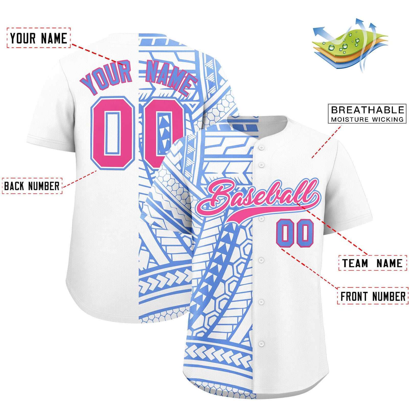 Custom White Light Blue Split Fashion Tribal Pattern Authentic Baseball Jersey