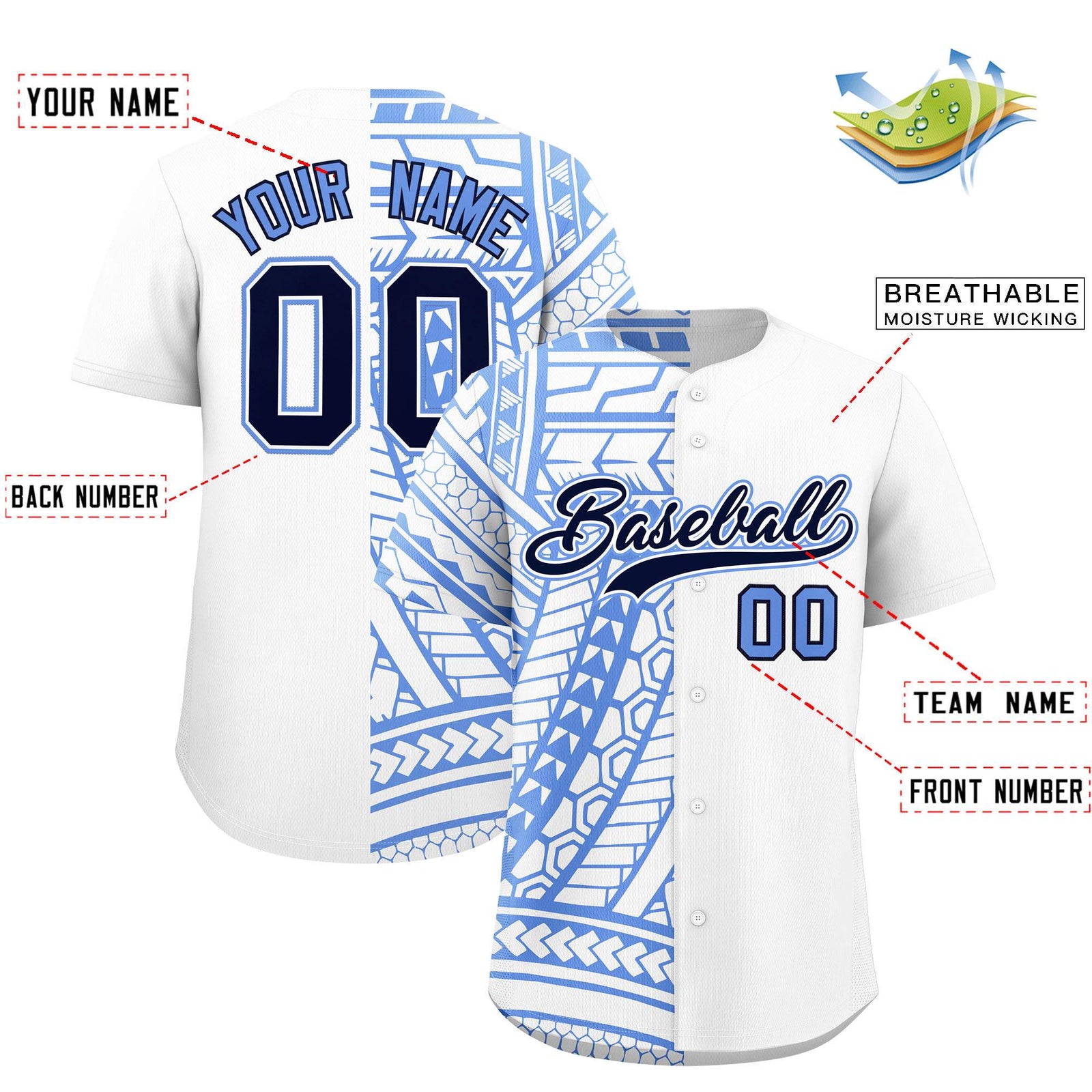 Custom Light Blue Navy Split Fashion Tribal Pattern Authentic Baseball Jersey