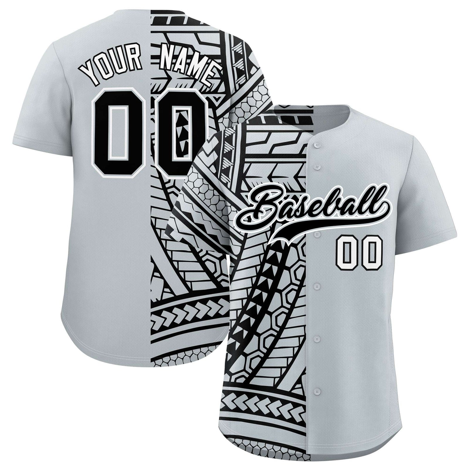 Custom Silver Black Split Fashion Tribal Pattern Authentic Baseball Jersey