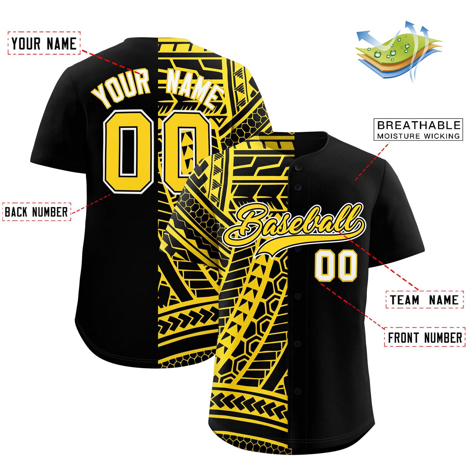Custom Black Gold Split Fashion Tribal Pattern Authentic Baseball Jersey
