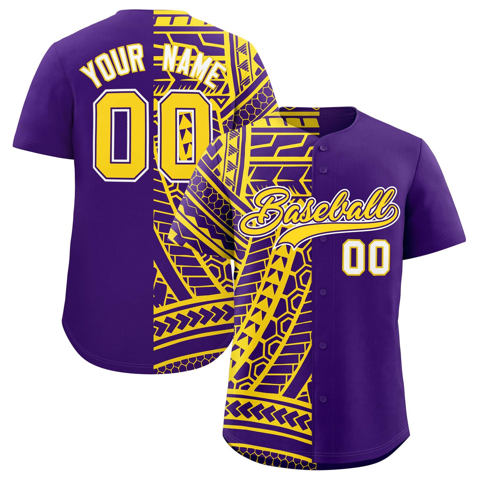Custom Purple Gold Split Fashion Tribal Pattern Authentic Baseball Jersey