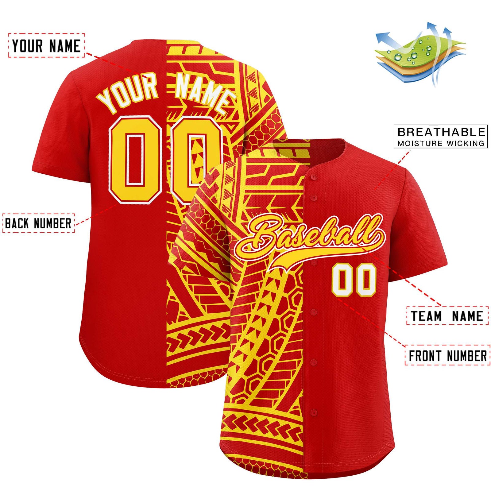 Custom Red Gold Split Fashion Tribal Pattern Authentic Baseball Jersey
