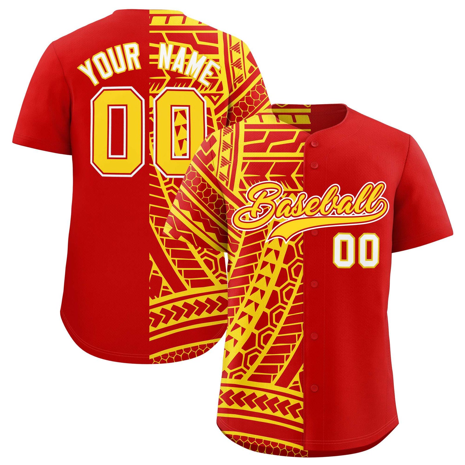 Custom Red Gold Split Fashion Tribal Pattern Authentic Baseball Jersey
