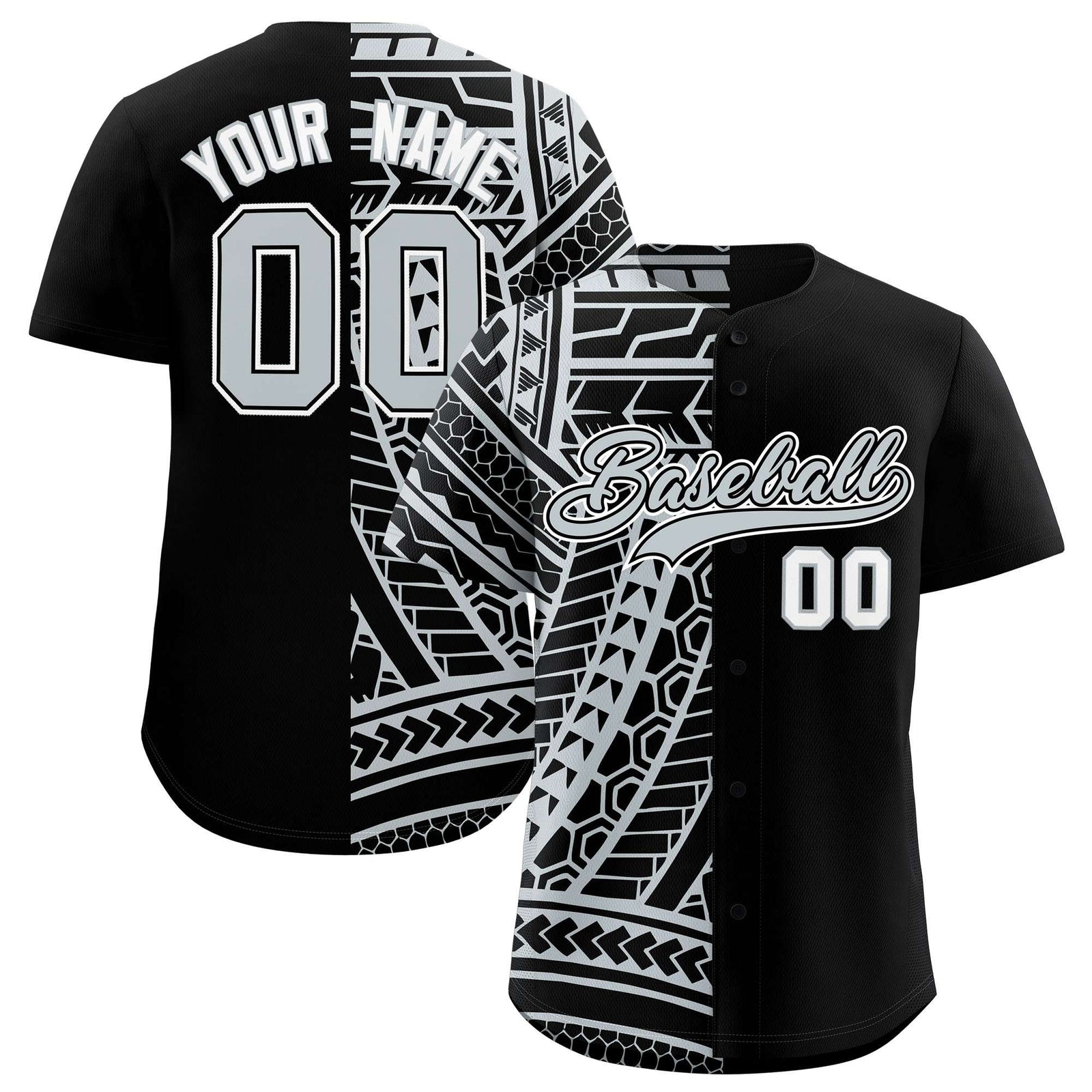 Custom Black Silver Split Fashion Tribal Pattern Authentic Baseball Jersey