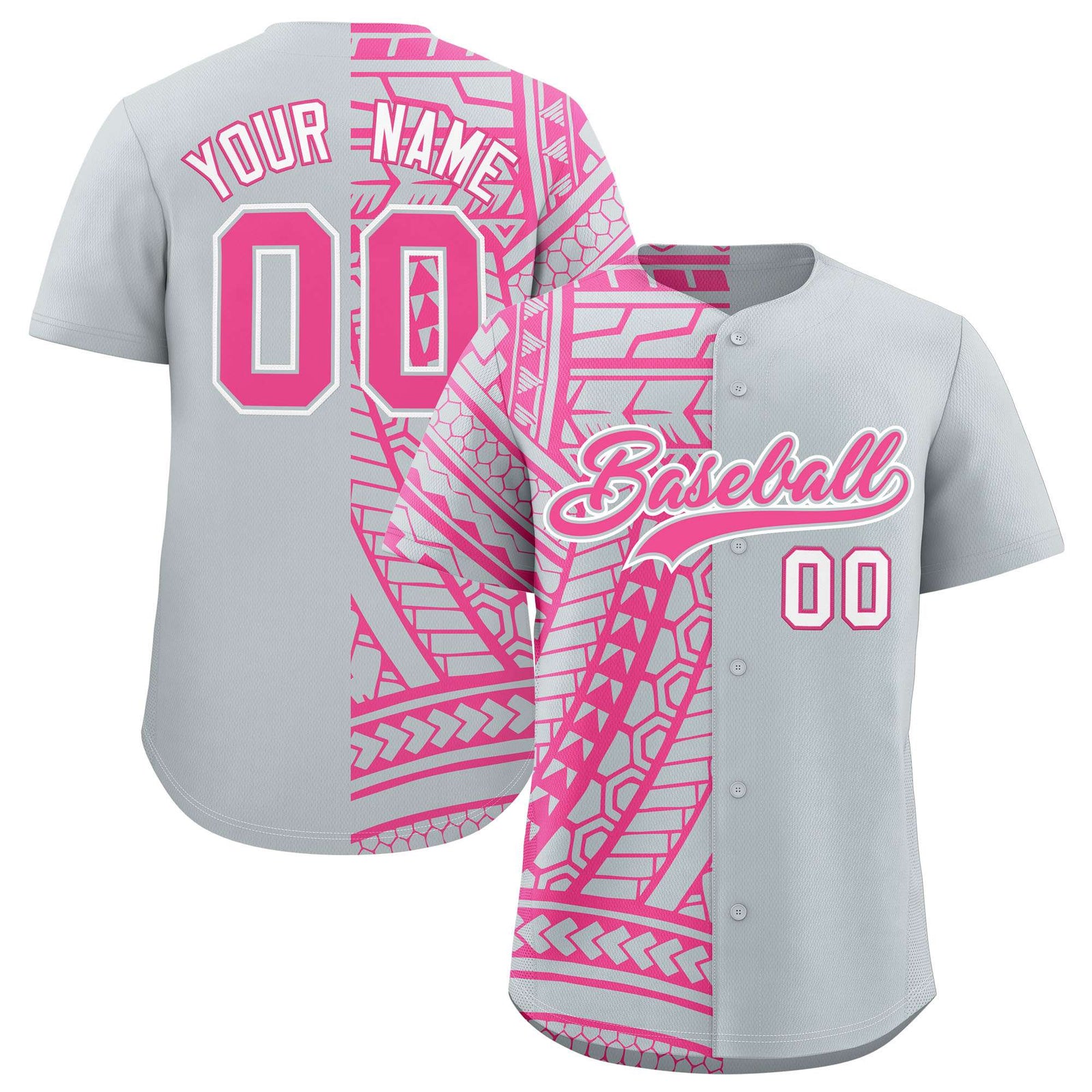 Custom Silver Pink Split Fashion Tribal Pattern Authentic Baseball Jersey