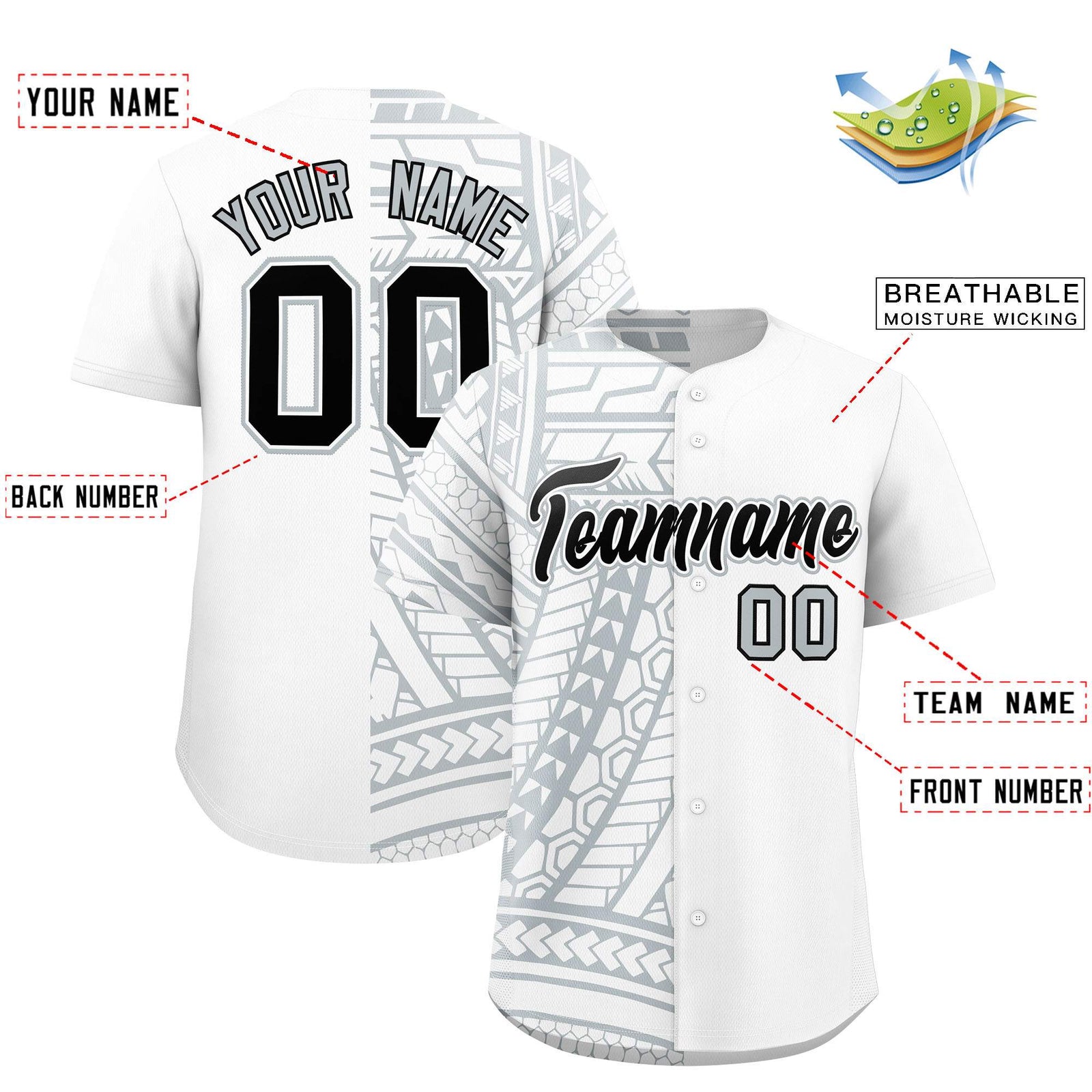 Custom White Silver Split Fashion Tribal Pattern Authentic Baseball Jersey