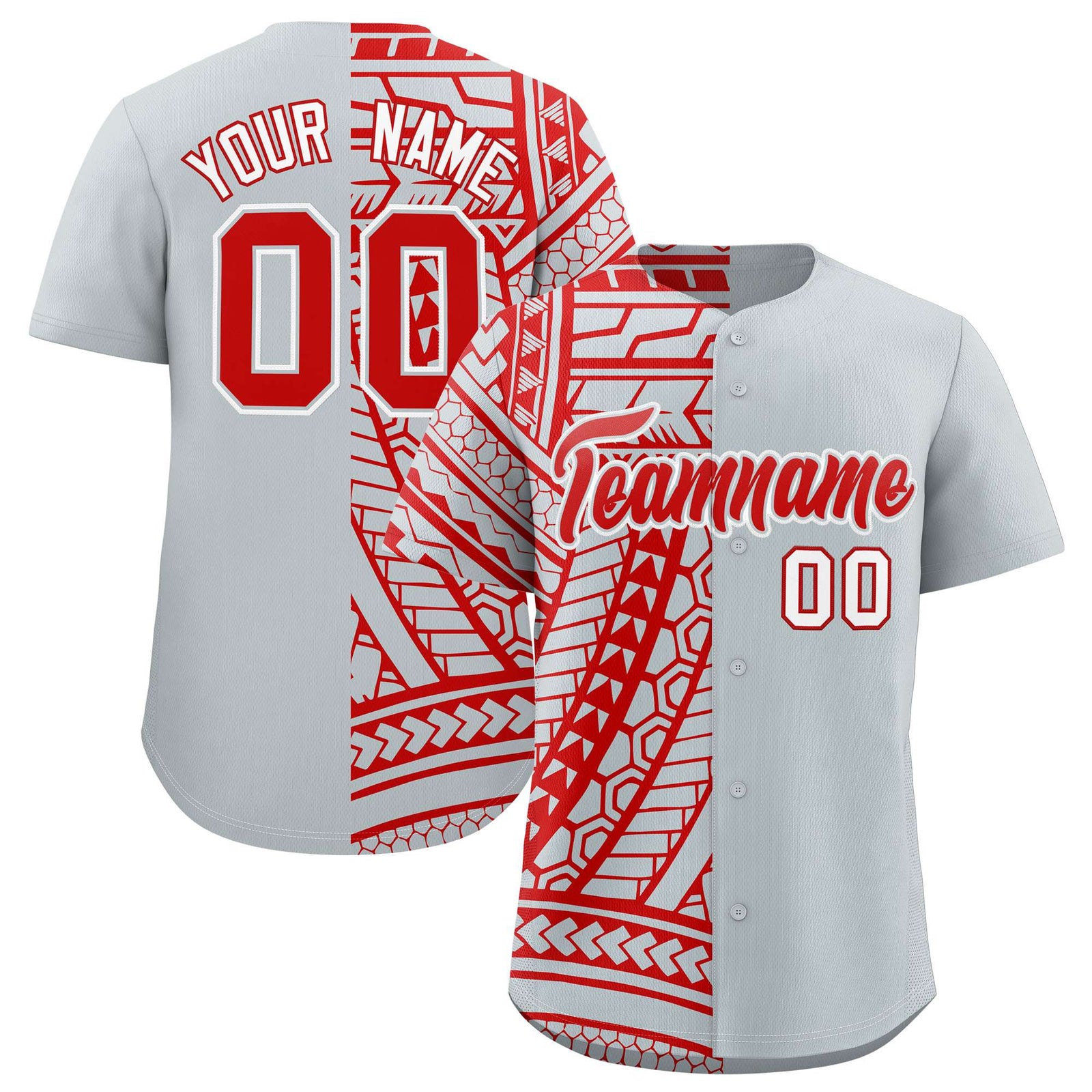Custom Red Silver Split Fashion Tribal Pattern Authentic Baseball Jersey