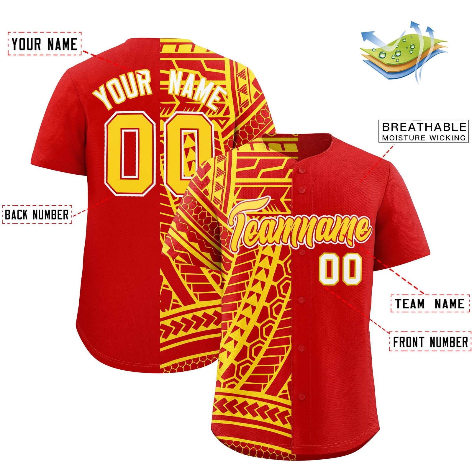 Custom Red Gold Split Fashion Tribal Pattern Authentic Baseball Jersey
