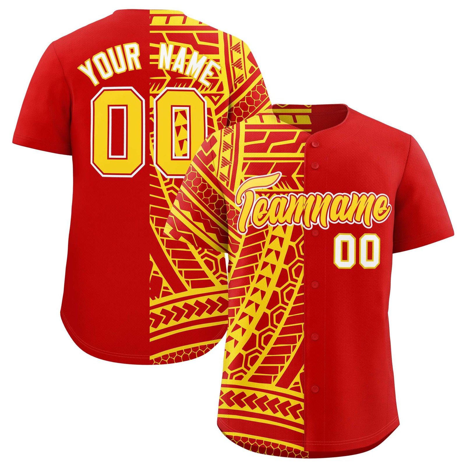 Custom Red Gold Split Fashion Tribal Pattern Authentic Baseball Jersey