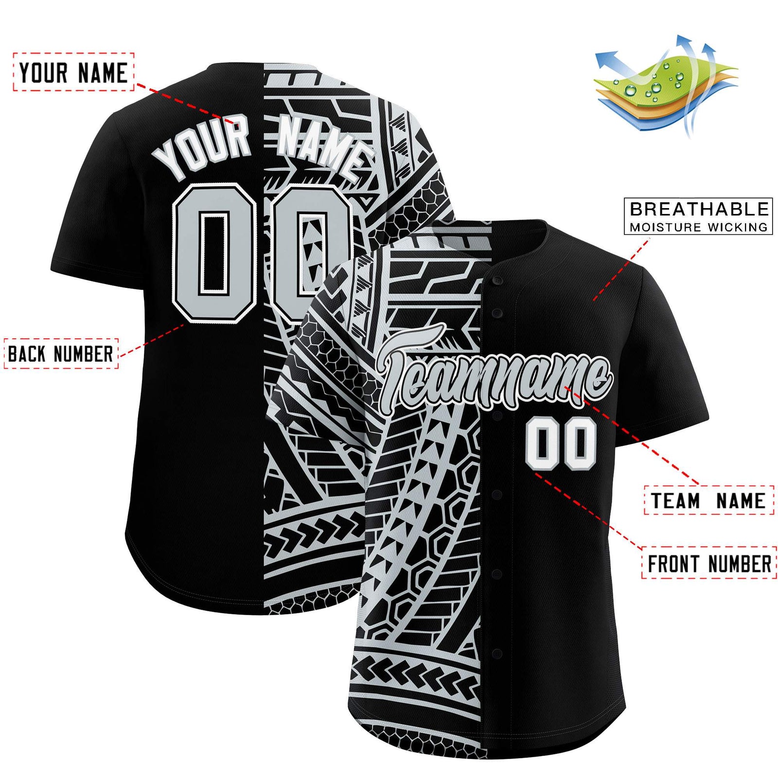 Custom Black Silver Split Fashion Tribal Pattern Authentic Baseball Jersey