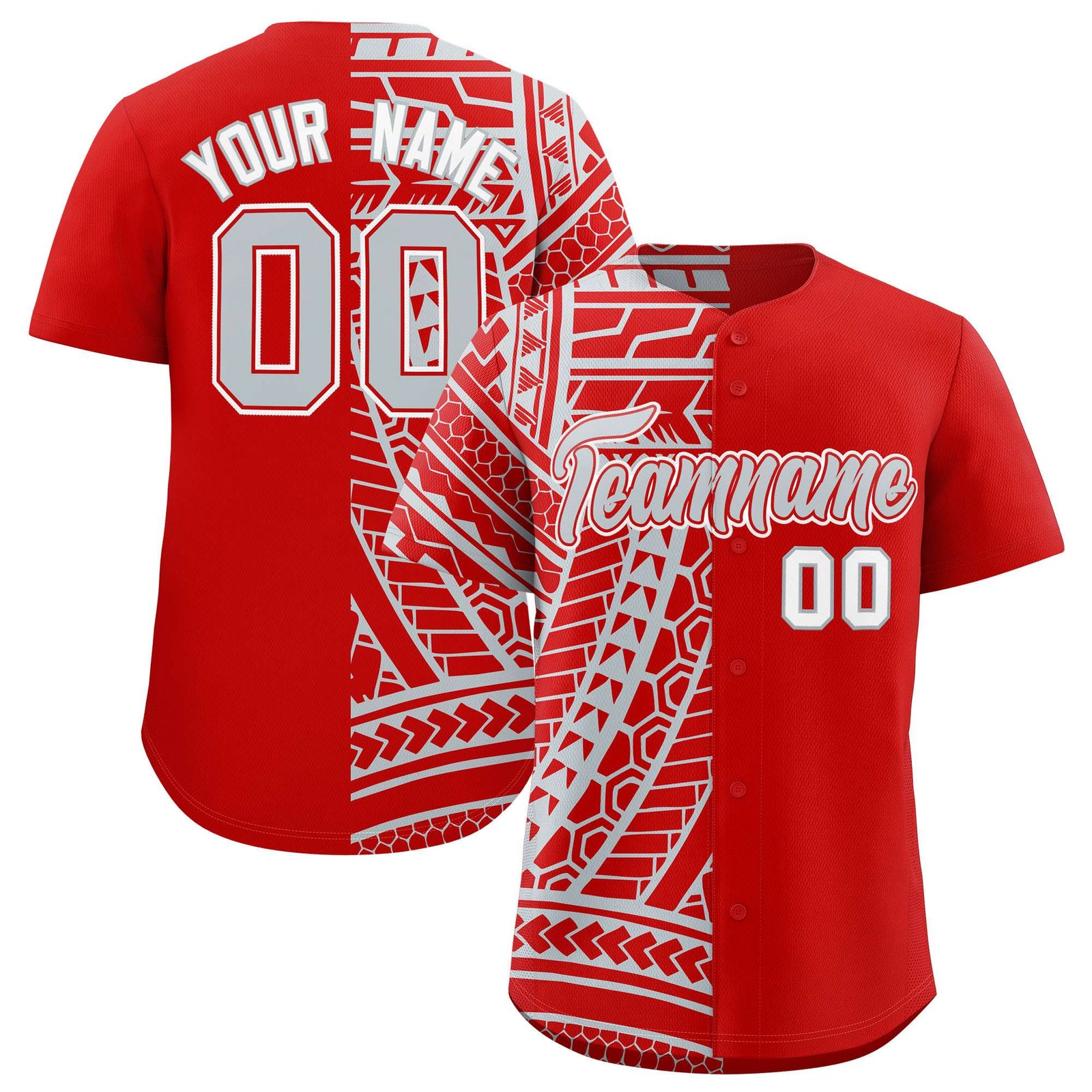Custom Red Silver Split Fashion Tribal Pattern Authentic Baseball Jersey