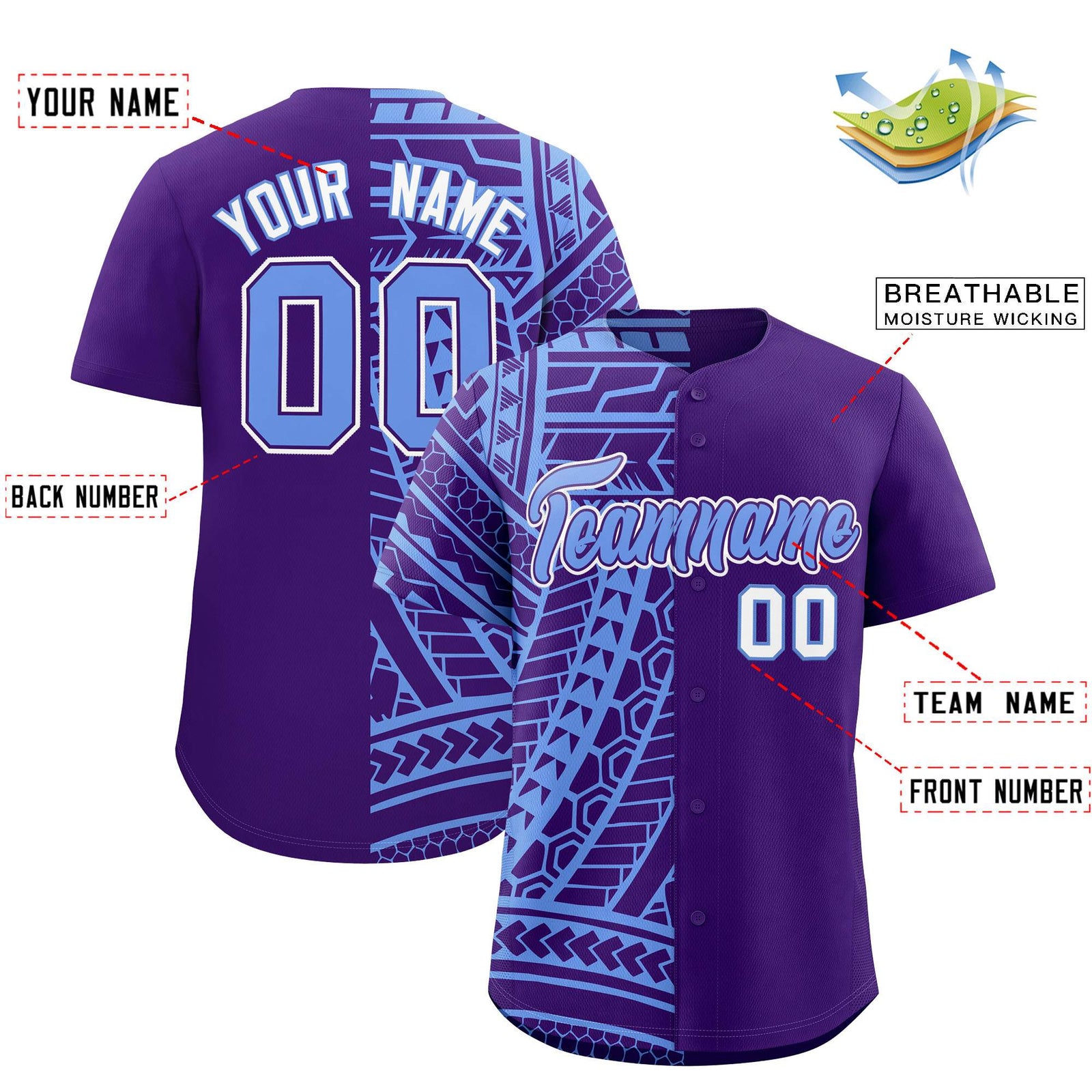 Custom Light Blue Purple Split Fashion Tribal Pattern Authentic Baseball Jersey