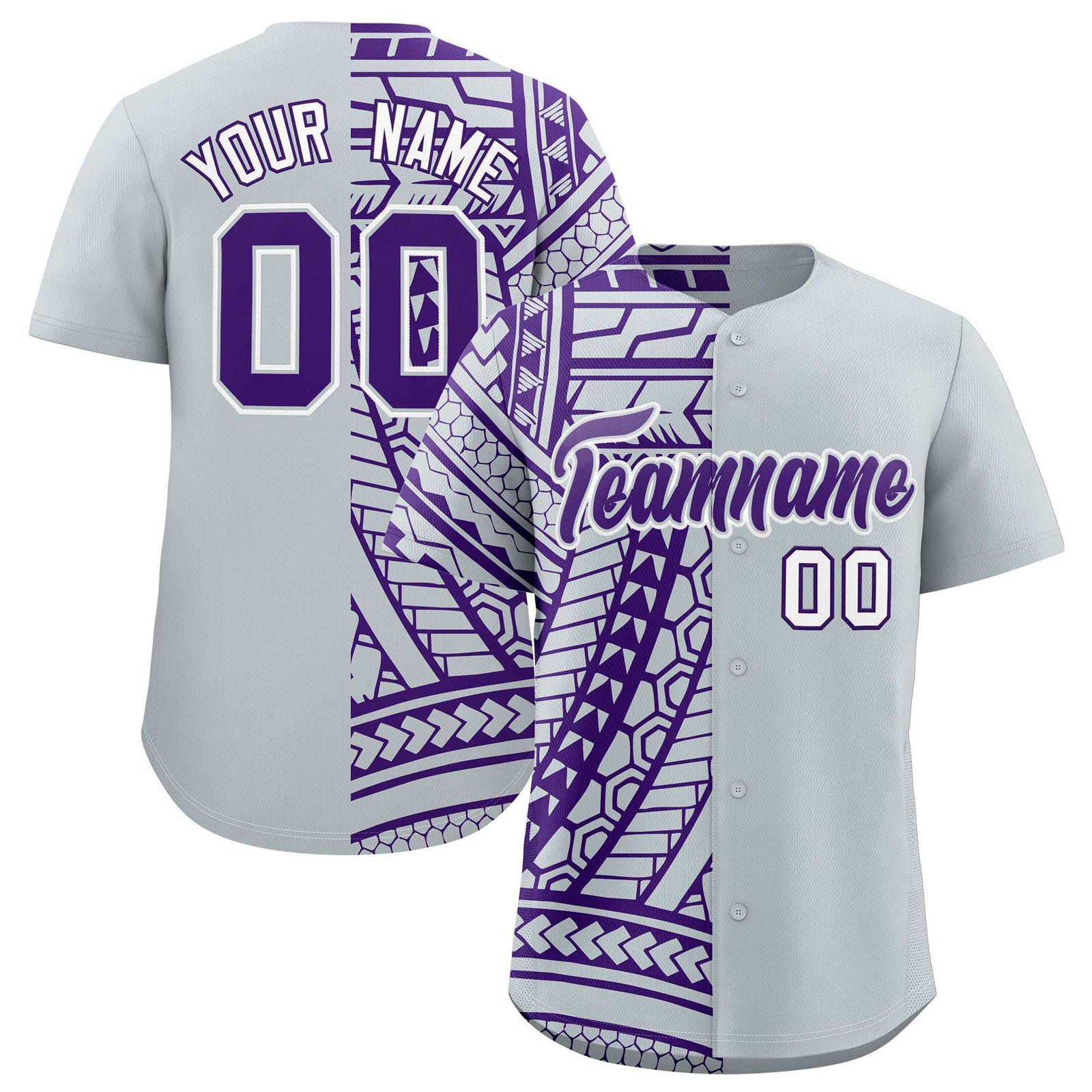 Custom Silver Purple Split Fashion Tribal Pattern Authentic Baseball Jersey