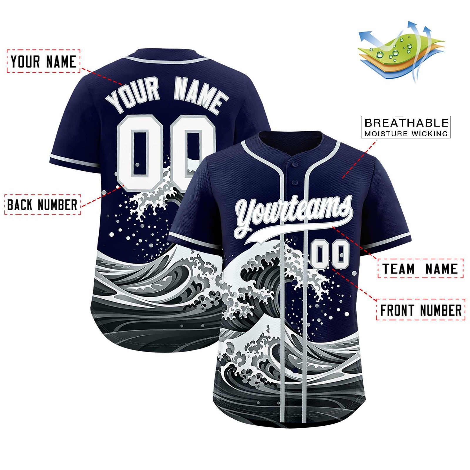 Custom Navy Wave Graffiti Pattern Authentic Baseball Jersey