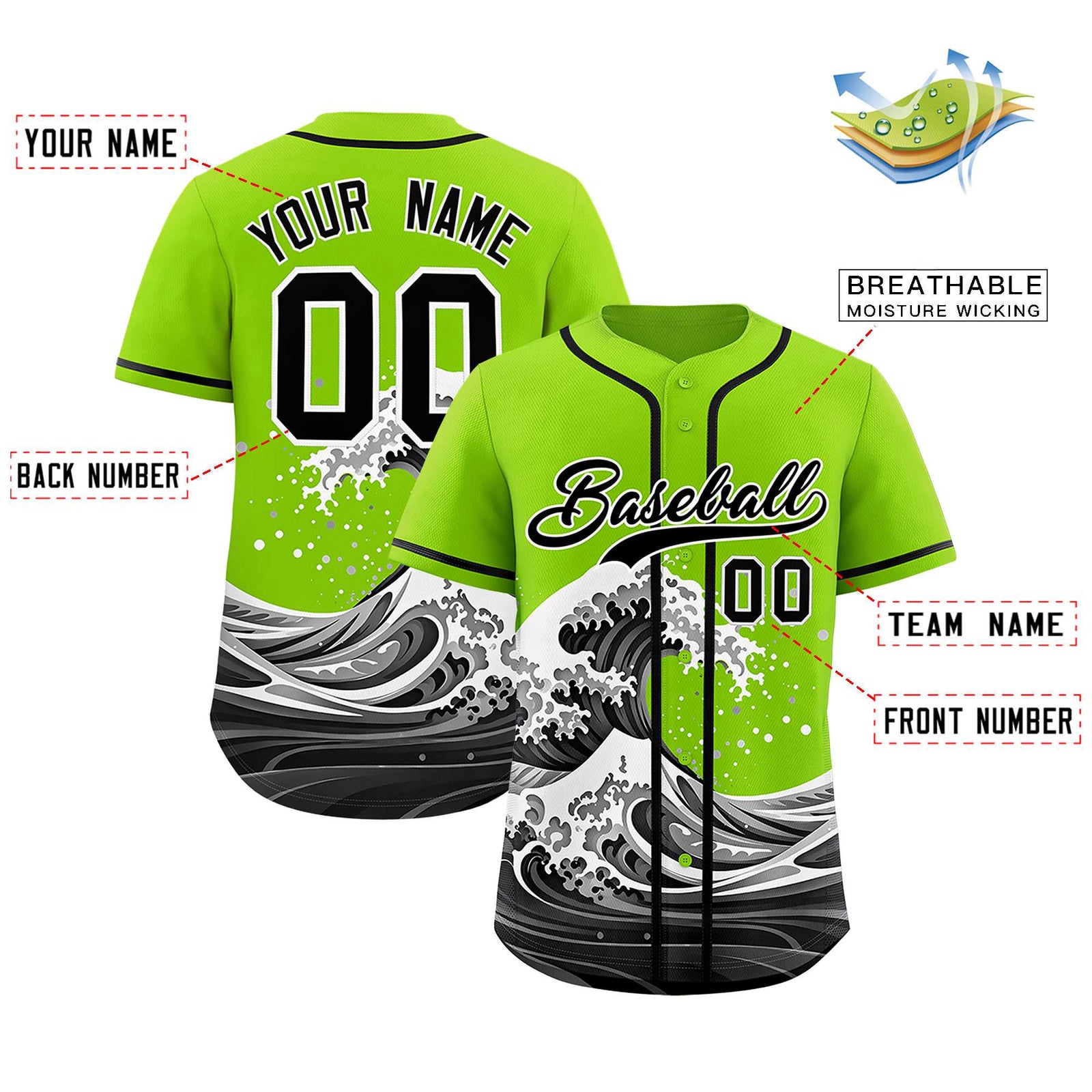 Custom Neon Green Wave Graffiti Pattern Authentic Baseball Jersey