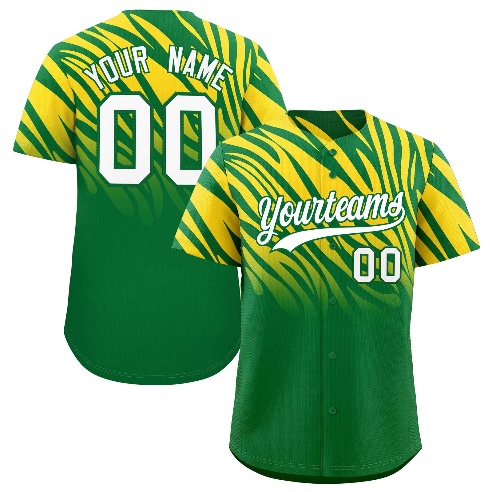 Custom Gold Kelly Green Tiger Stripe Gradient Animal Print Personalized Team Shirt Baseball Jersey