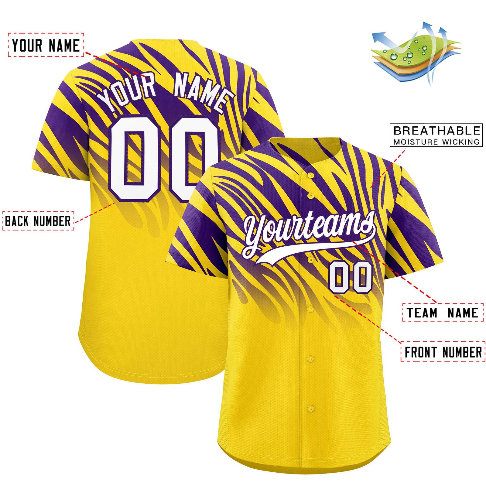 Custom Purple Gold Tiger Stripe Gradient Animal Print Personalized Team Shirt Baseball Jersey