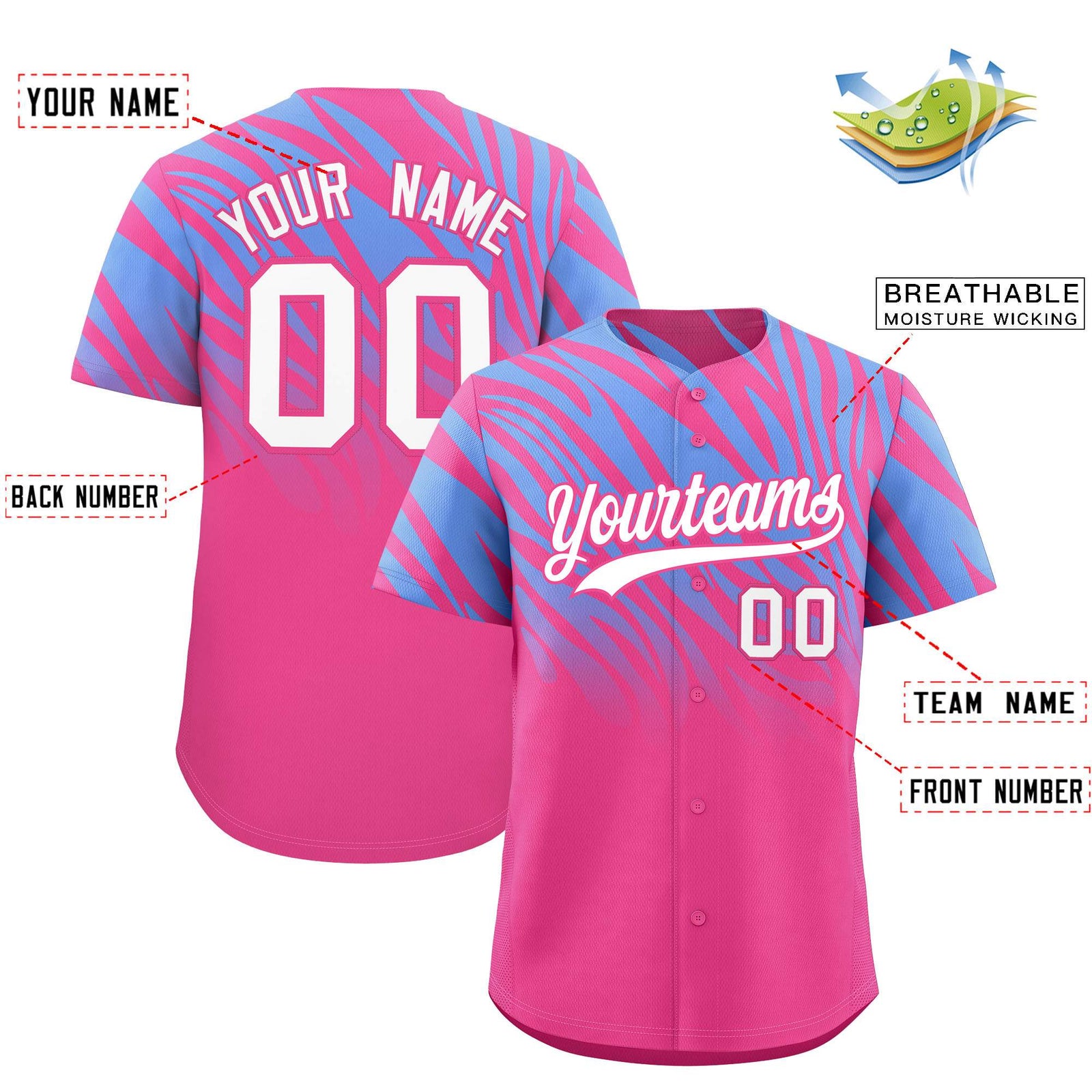 Custom Pink Light Blue Tiger Stripe Gradient Animal Print Personalized Team Shirt Baseball Jersey