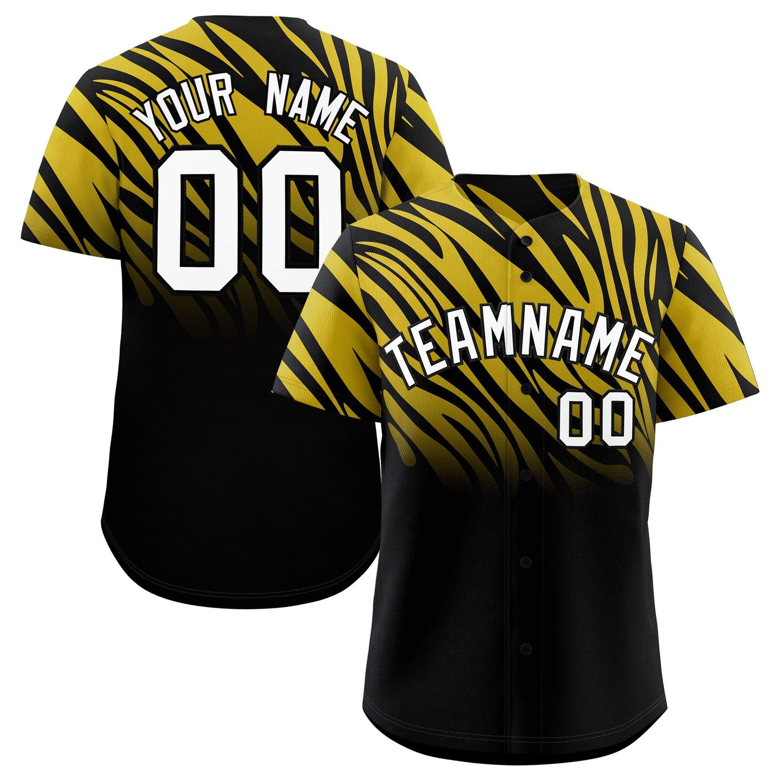 Custom Old Gold Black Tiger Stripe Gradient Animal Print Personalized Team Shirt Baseball Jersey