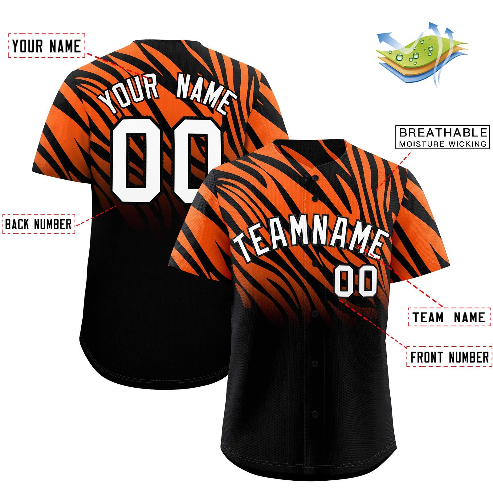 Custom Orange Black Tiger Stripe Gradient Animal Print Personalized Team Shirt Baseball Jersey