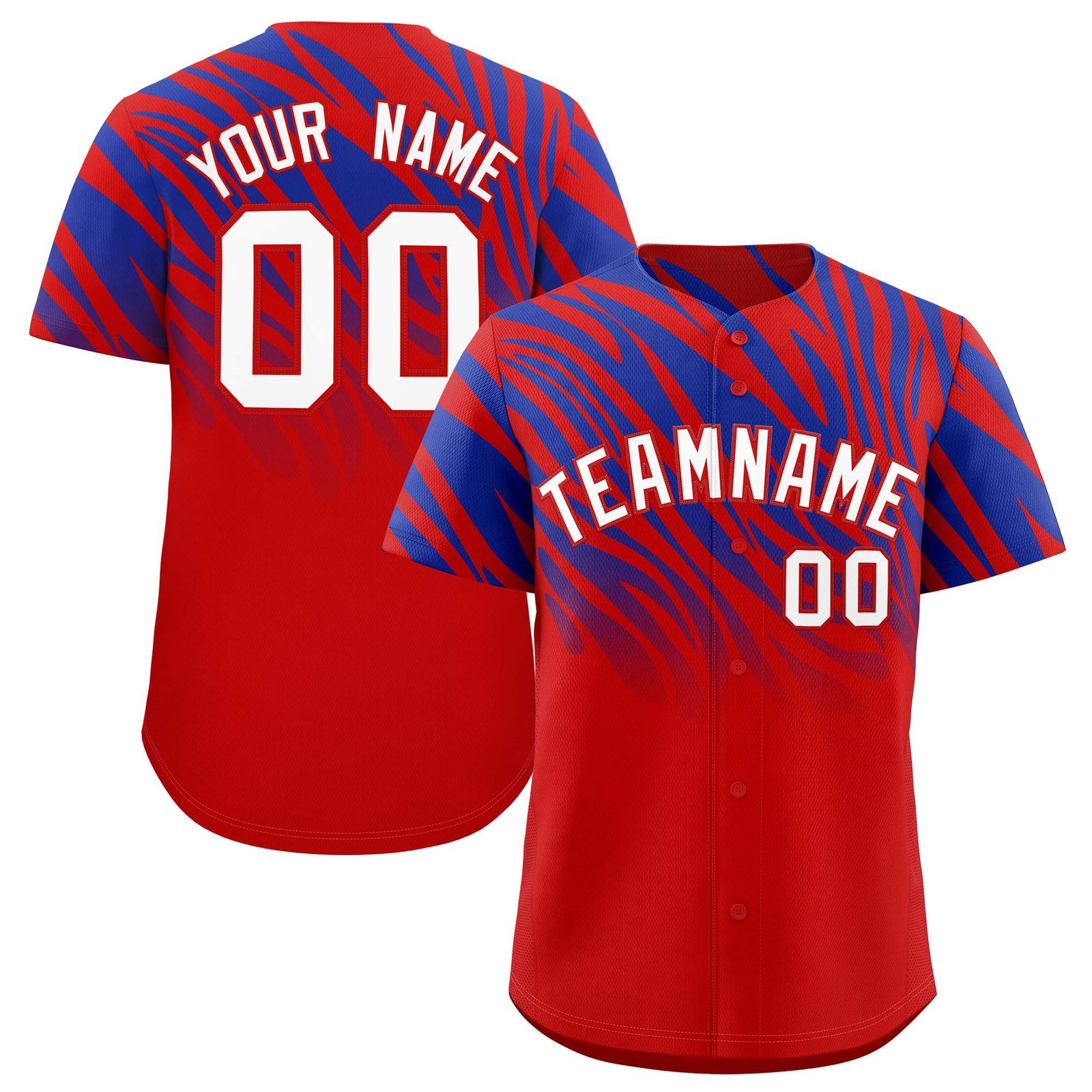 Custom Royal Red Tiger Stripe Gradient Animal Print Personalized Team Shirt Baseball Jersey