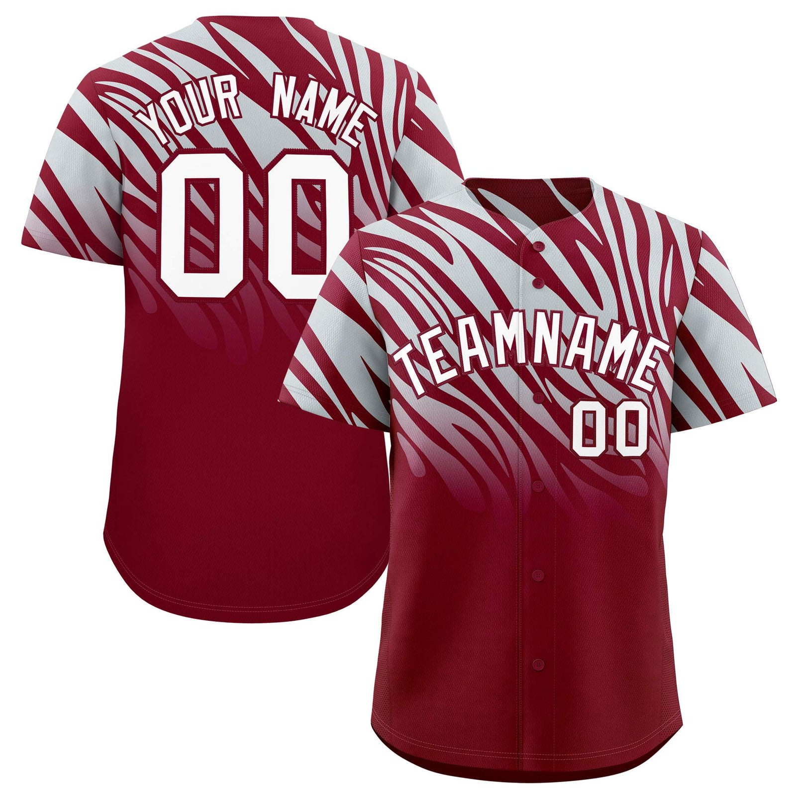 Custom Crimson Silver Tiger Stripe Gradient Animal Print Personalized Team Shirt Baseball Jersey