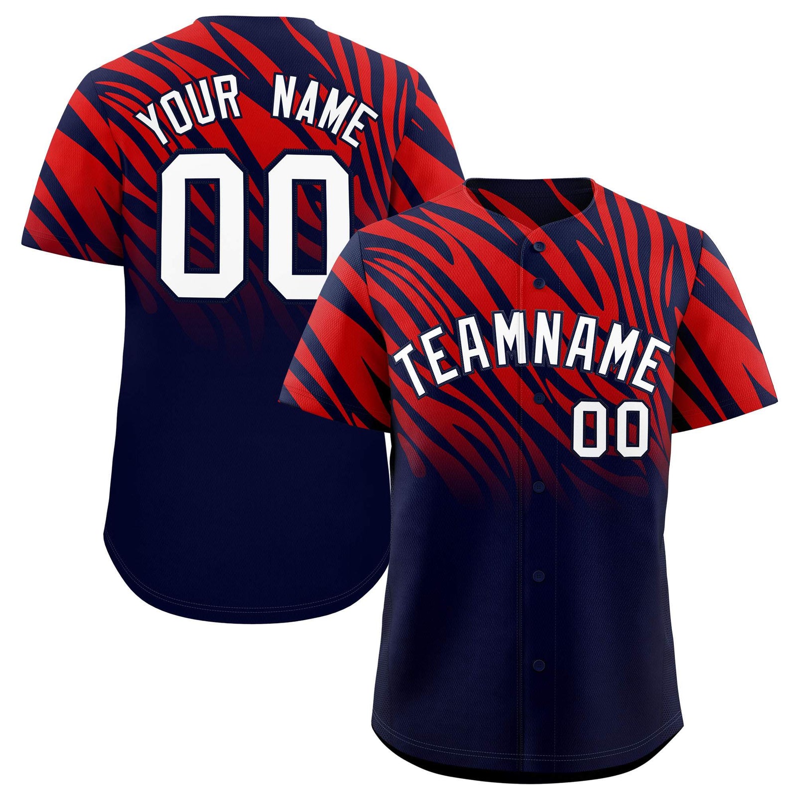 Custom Red Navy Tiger Stripe Gradient Animal Print Personalized Team Shirt Baseball Jersey