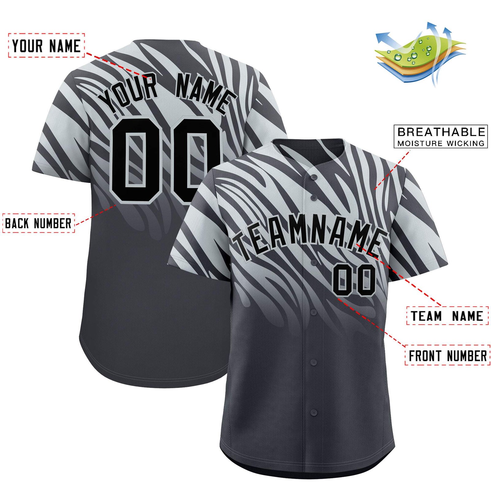 Custom Gray Silver Tiger Stripe Gradient Animal Print Personalized Team Shirt Baseball Jersey