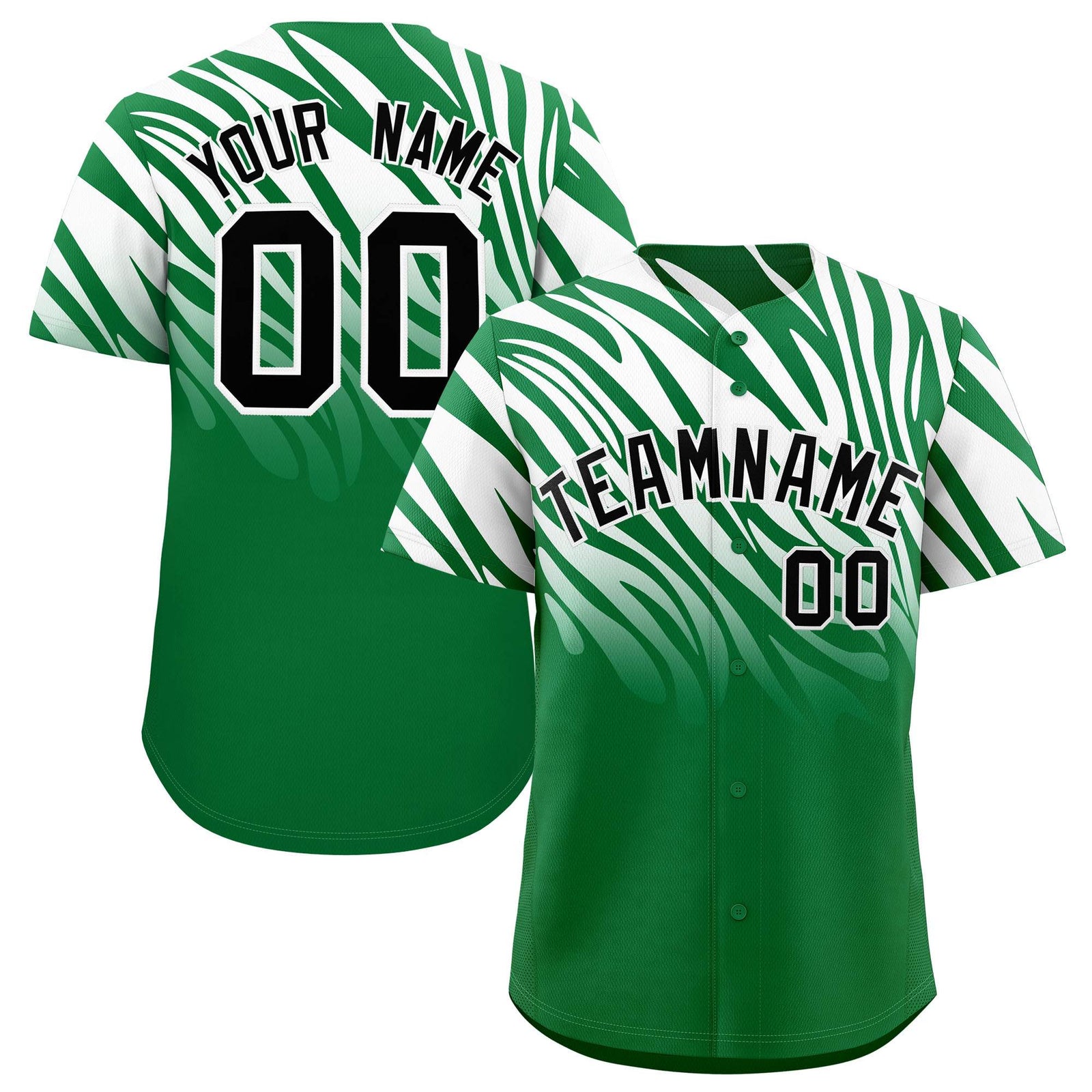 Custom Kelly Green White Tiger Stripe Gradient Animal Print Personalized Team Shirt Baseball Jersey