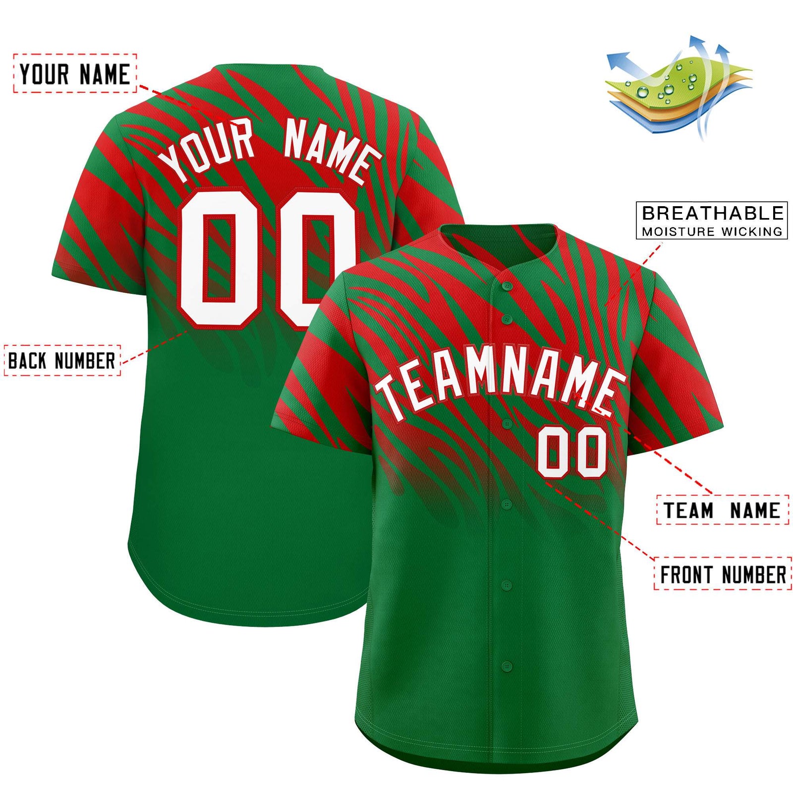 Custom Kelly Green Red Tiger Stripe Gradient Animal Print Personalized Team Shirt Baseball Jersey