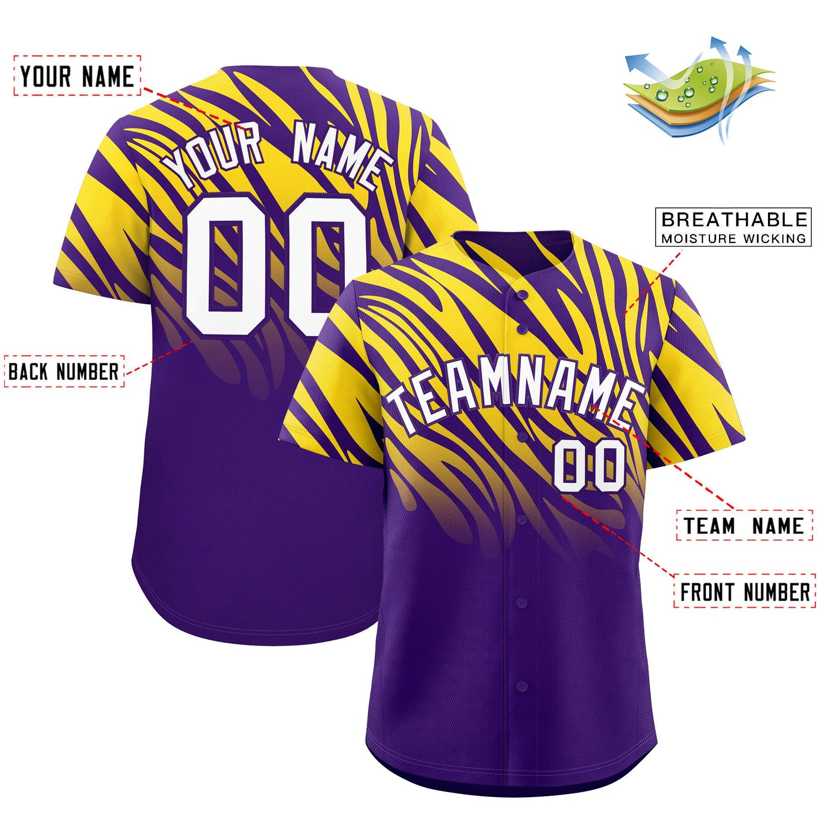 Custom Purple Gold Tiger Stripe Gradient Animal Print Personalized Team Shirt Baseball Jersey