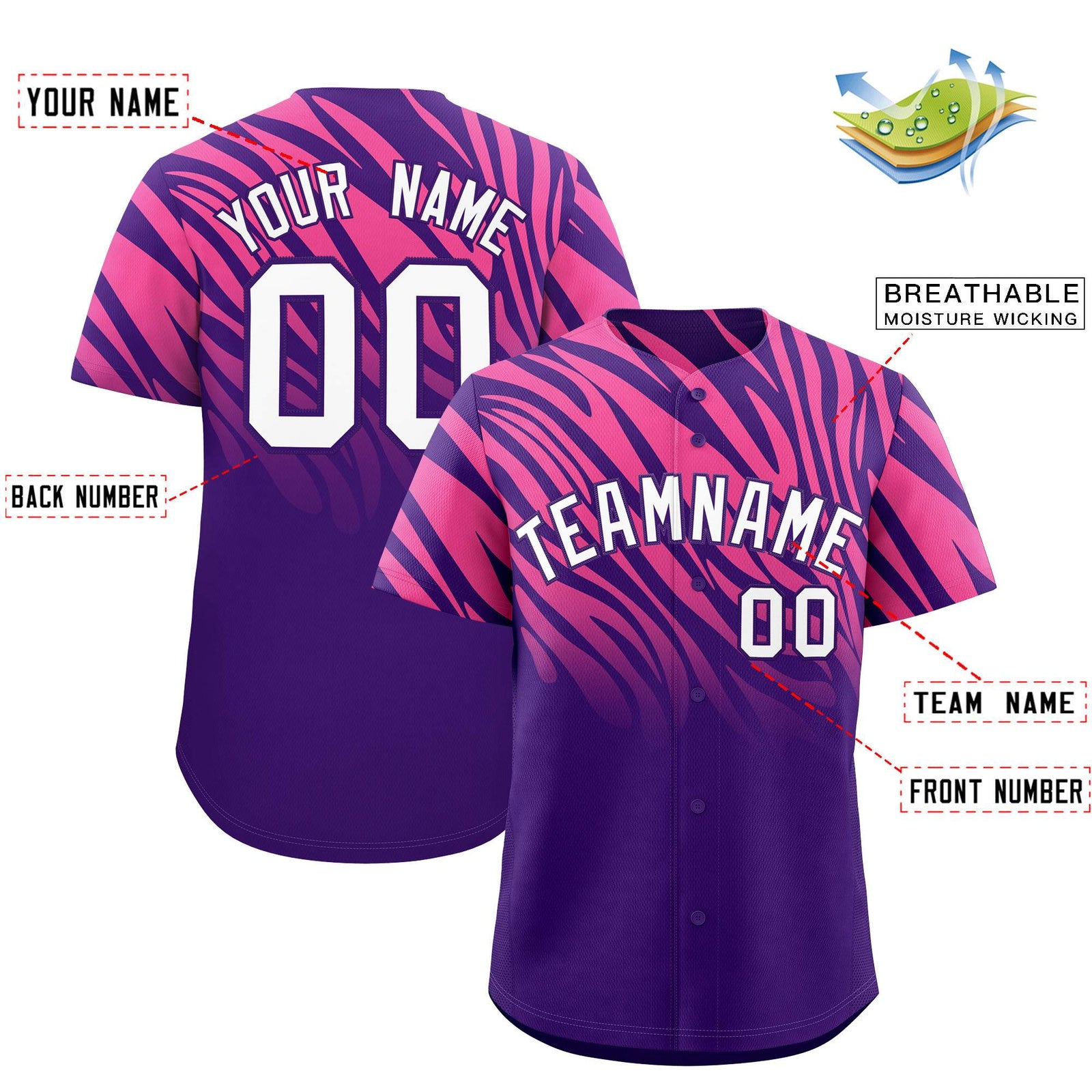 Custom Purple Pink Tiger Stripe Gradient Animal Print Personalized Team Shirt Baseball Jersey