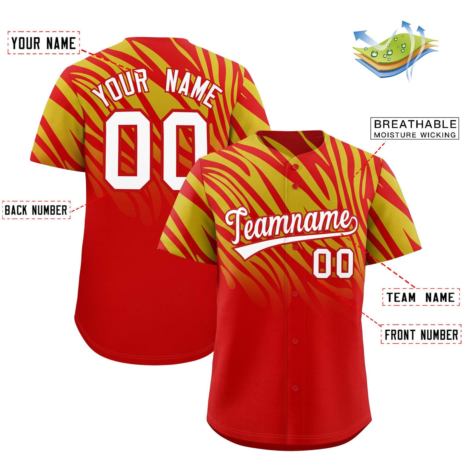 Custom Old Gold Red Tiger Stripe Gradient Animal Print Personalized Team Shirt Baseball Jersey