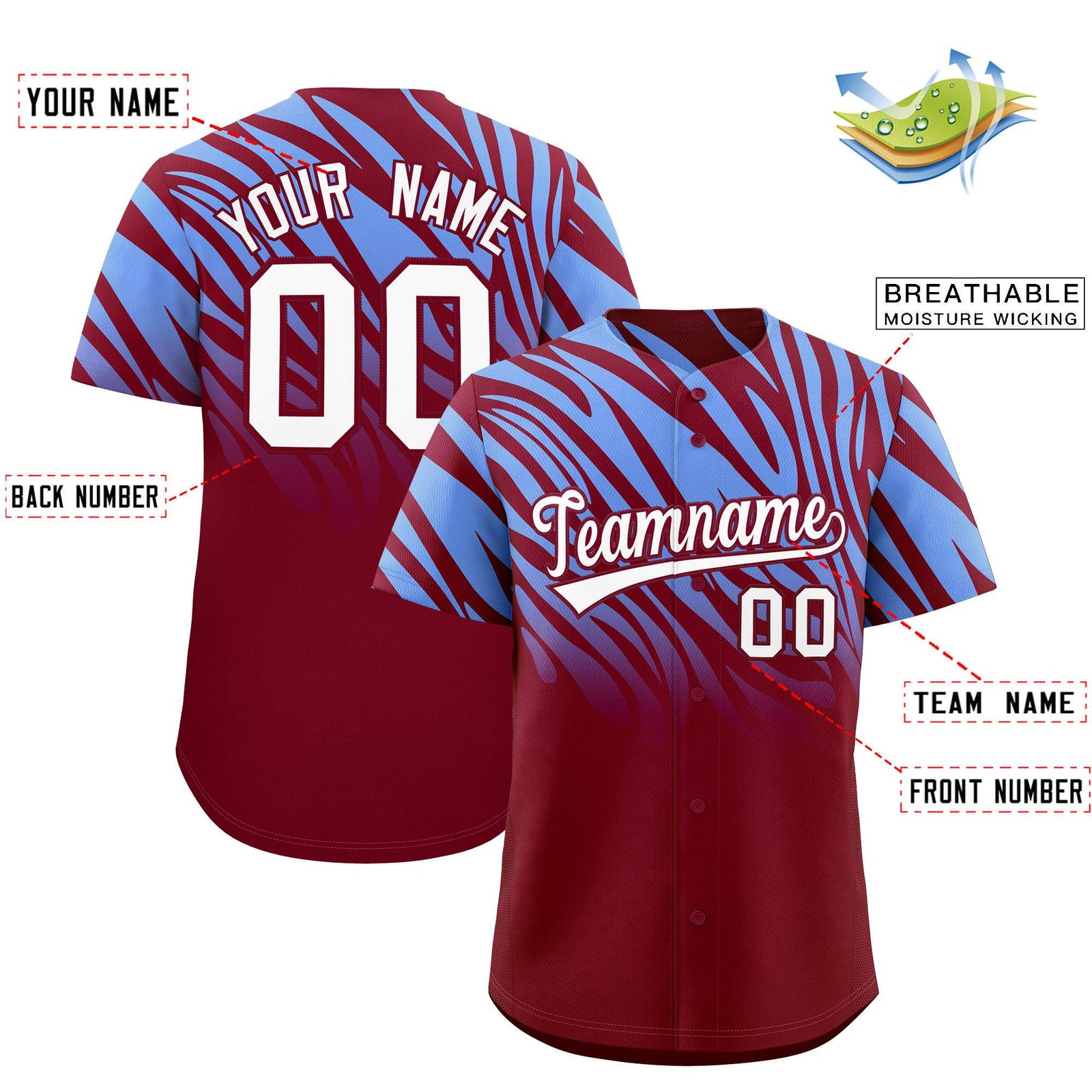 Custom Light Blue Crimson Tiger Stripe Gradient Animal Print Personalized Team Shirt Baseball Jersey