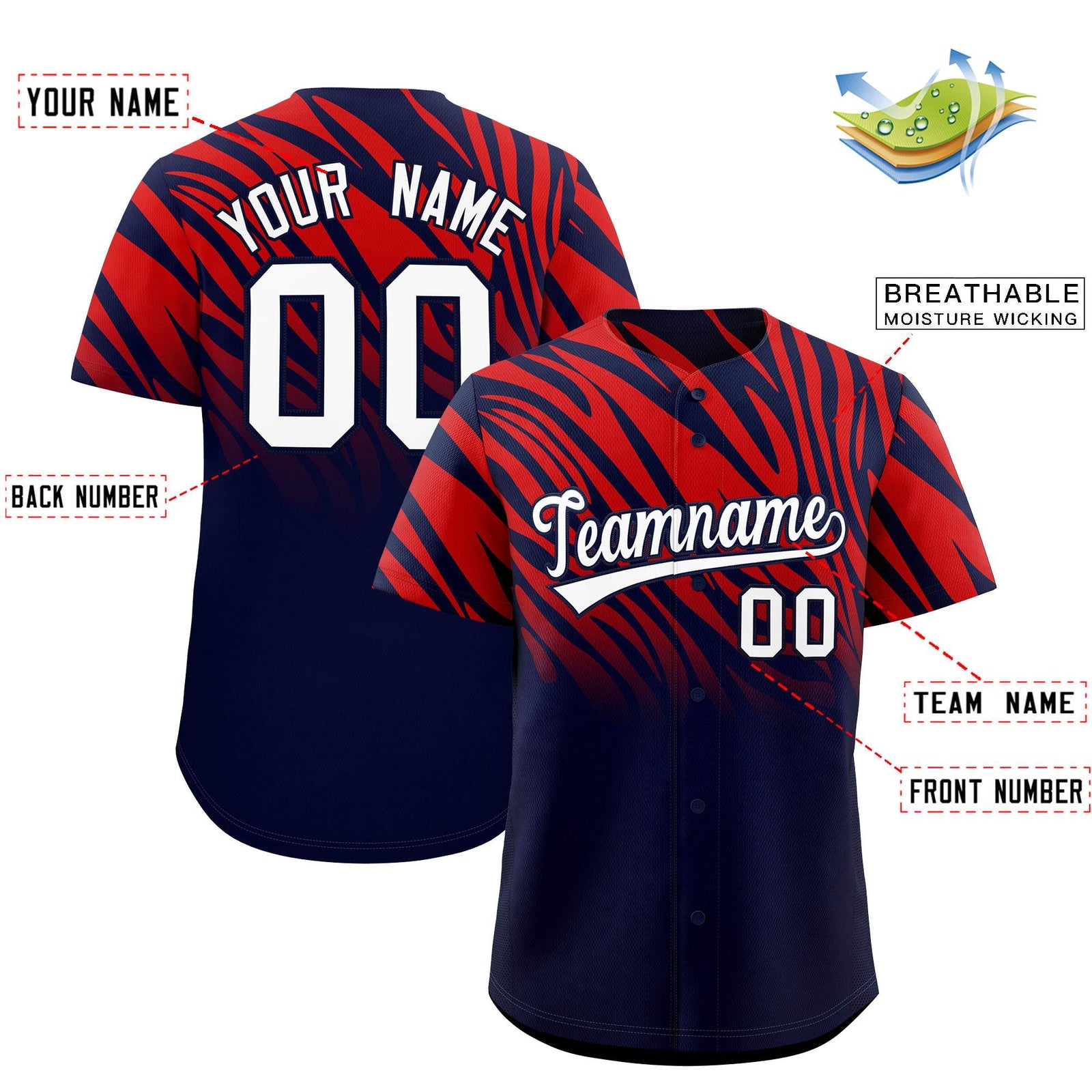 Custom Red Navy Tiger Stripe Gradient Animal Print Personalized Team Shirt Baseball Jersey