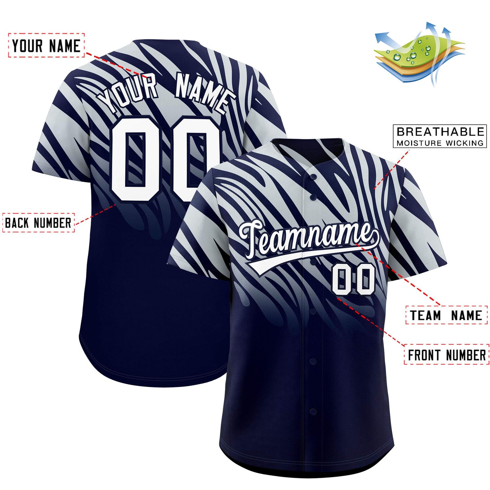 Custom Navy Silver Tiger Stripe Gradient Animal Print Personalized Team Shirt Baseball Jersey
