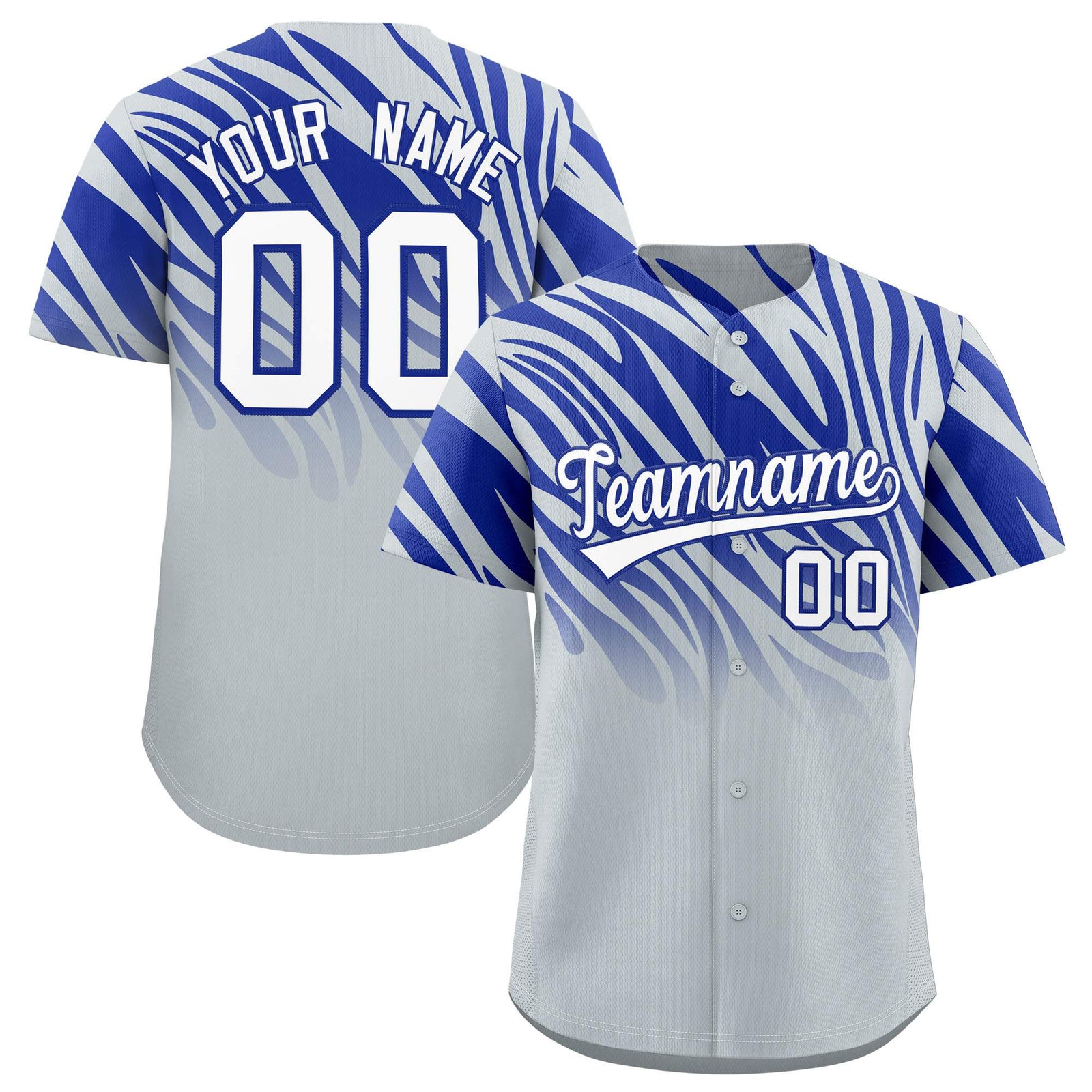 Custom Royal Silver Tiger Stripe Gradient Animal Print Personalized Team Shirt Baseball Jersey