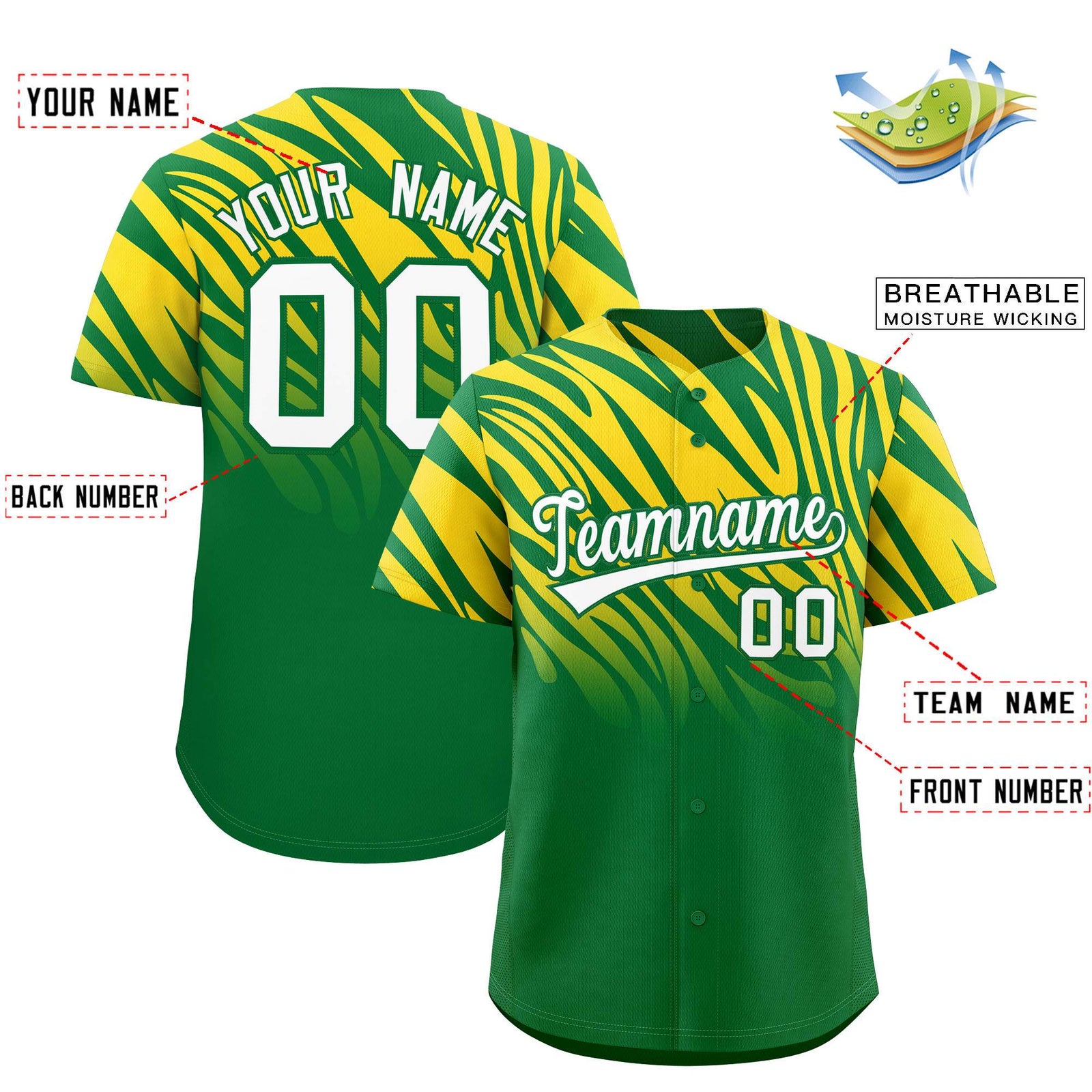 Custom Gold Kelly Green Tiger Stripe Gradient Animal Print Personalized Team Shirt Baseball Jersey