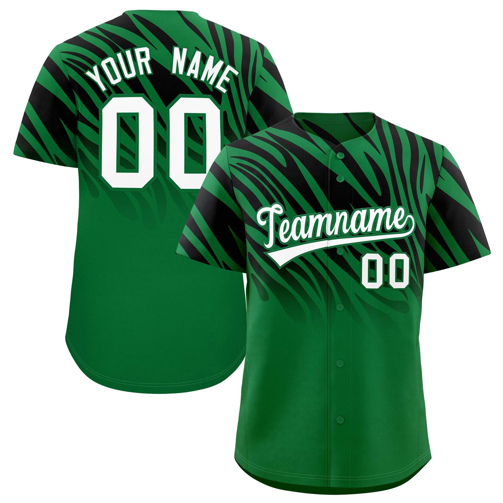 Custom Kelly Green Black Tiger Stripe Gradient Animal Print Personalized Team Shirt Baseball Jersey
