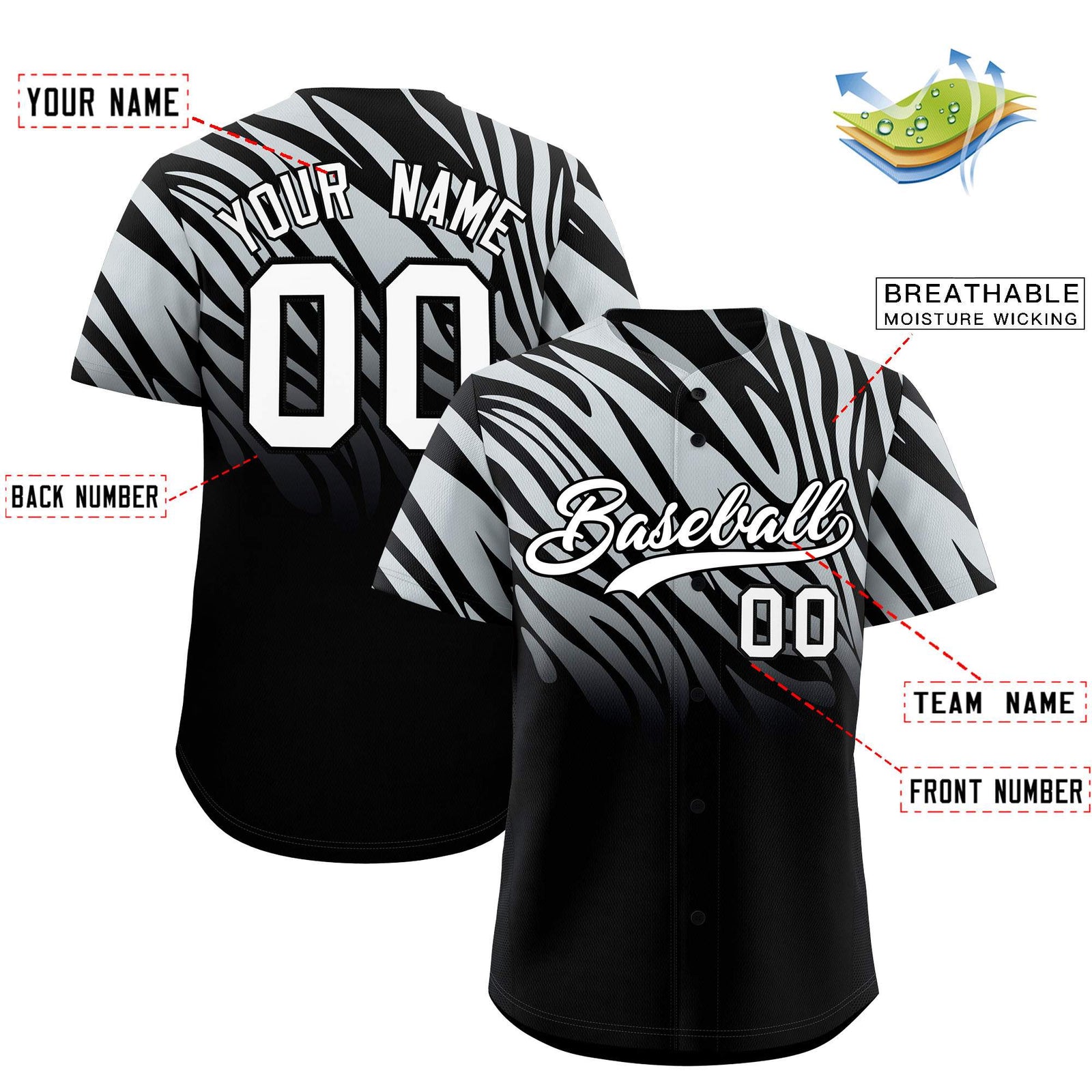 Custom Silver Black Tiger Stripe Gradient Animal Print Personalized Team Shirt Baseball Jersey