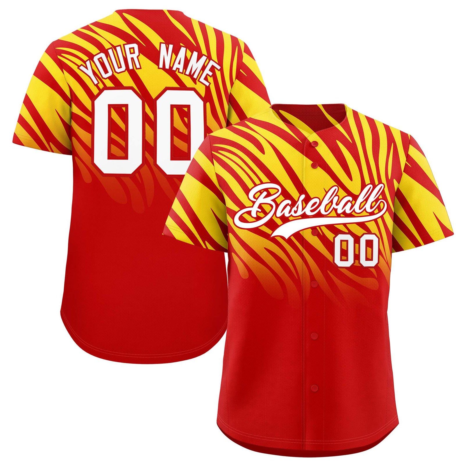 Custom Red Gold Tiger Stripe Gradient Animal Print Personalized Team Shirt Baseball Jersey