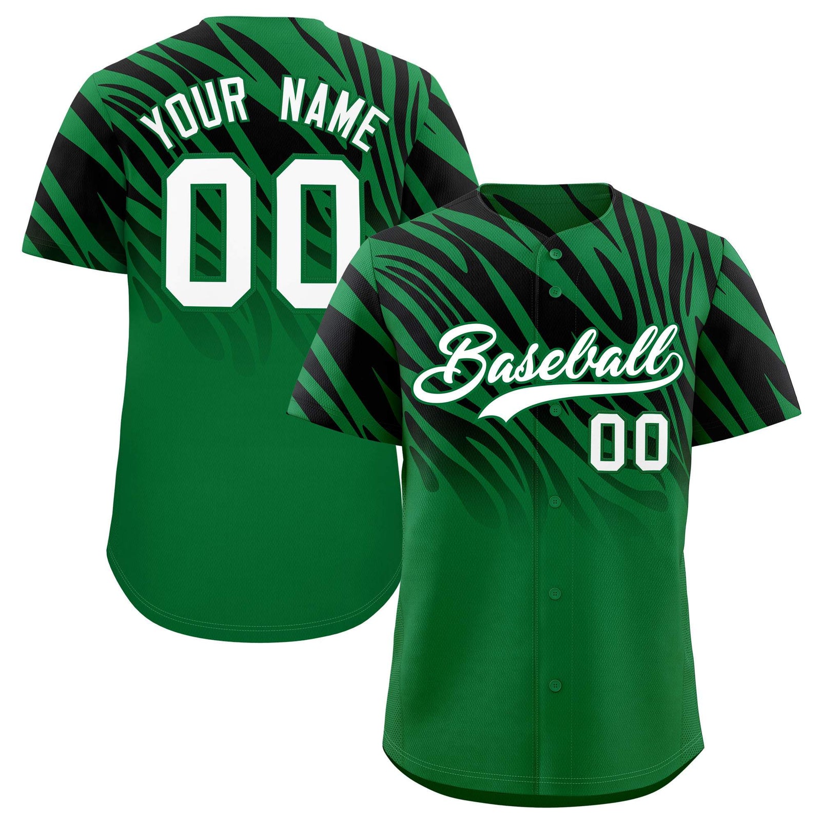 Custom Kelly Green Black Tiger Stripe Gradient Animal Print Personalized Team Shirt Baseball Jersey