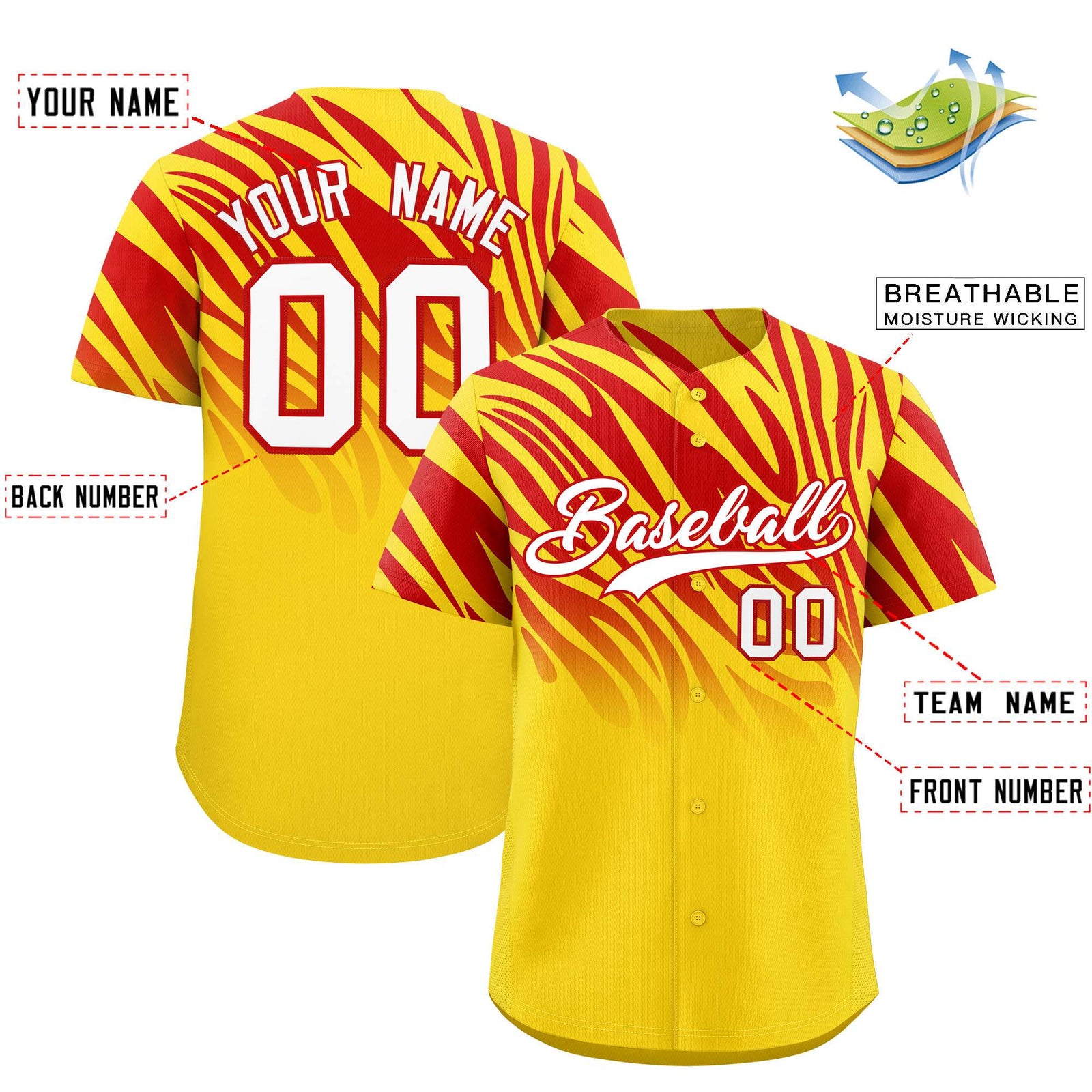 Custom Gold Red Tiger Stripe Gradient Animal Print Personalized Team Shirt Baseball Jersey