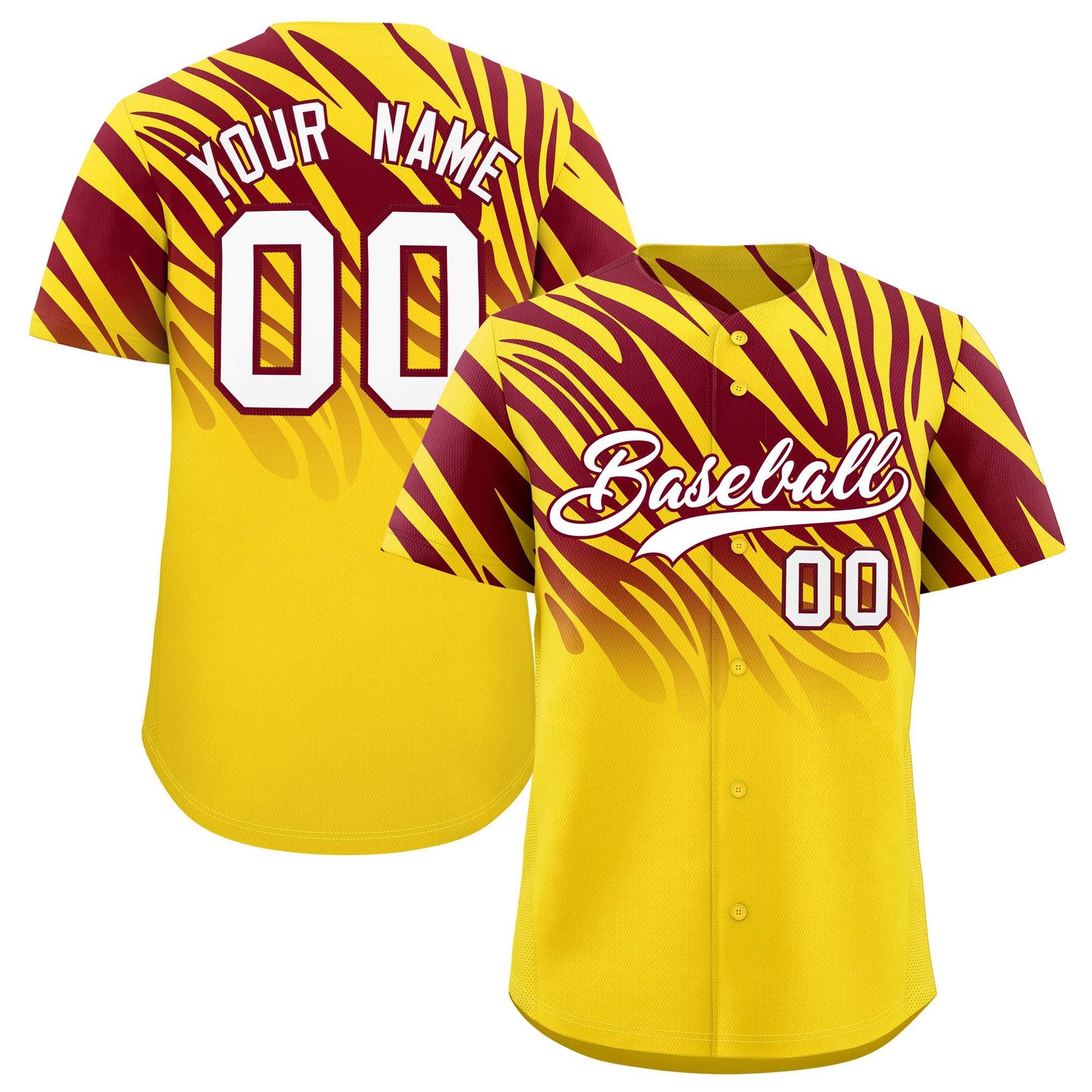Custom Gold Crimson Tiger Stripe Gradient Animal Print Personalized Team Shirt Baseball Jersey