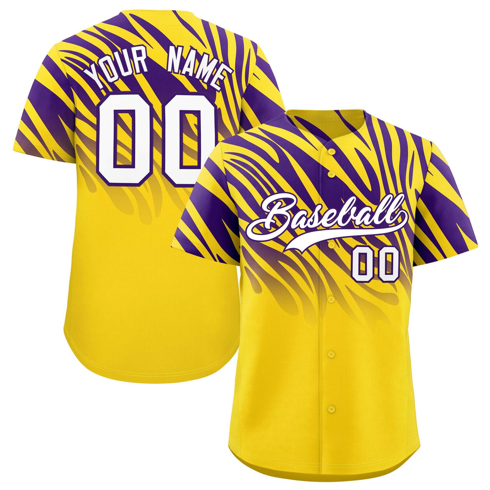 Custom Purple Gold Tiger Stripe Gradient Animal Print Personalized Team Shirt Baseball Jersey