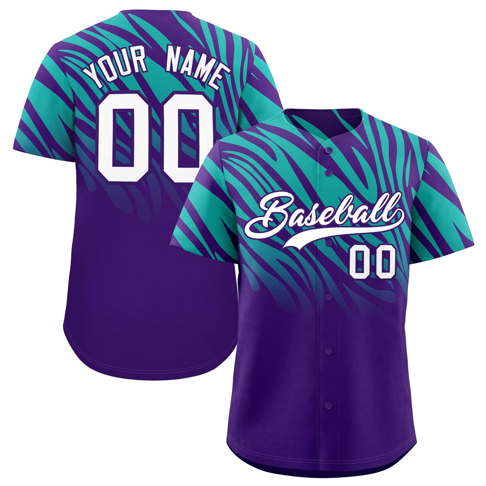 Custom Purple Aqua Tiger Stripe Gradient Animal Print Personalized Team Shirt Baseball Jersey