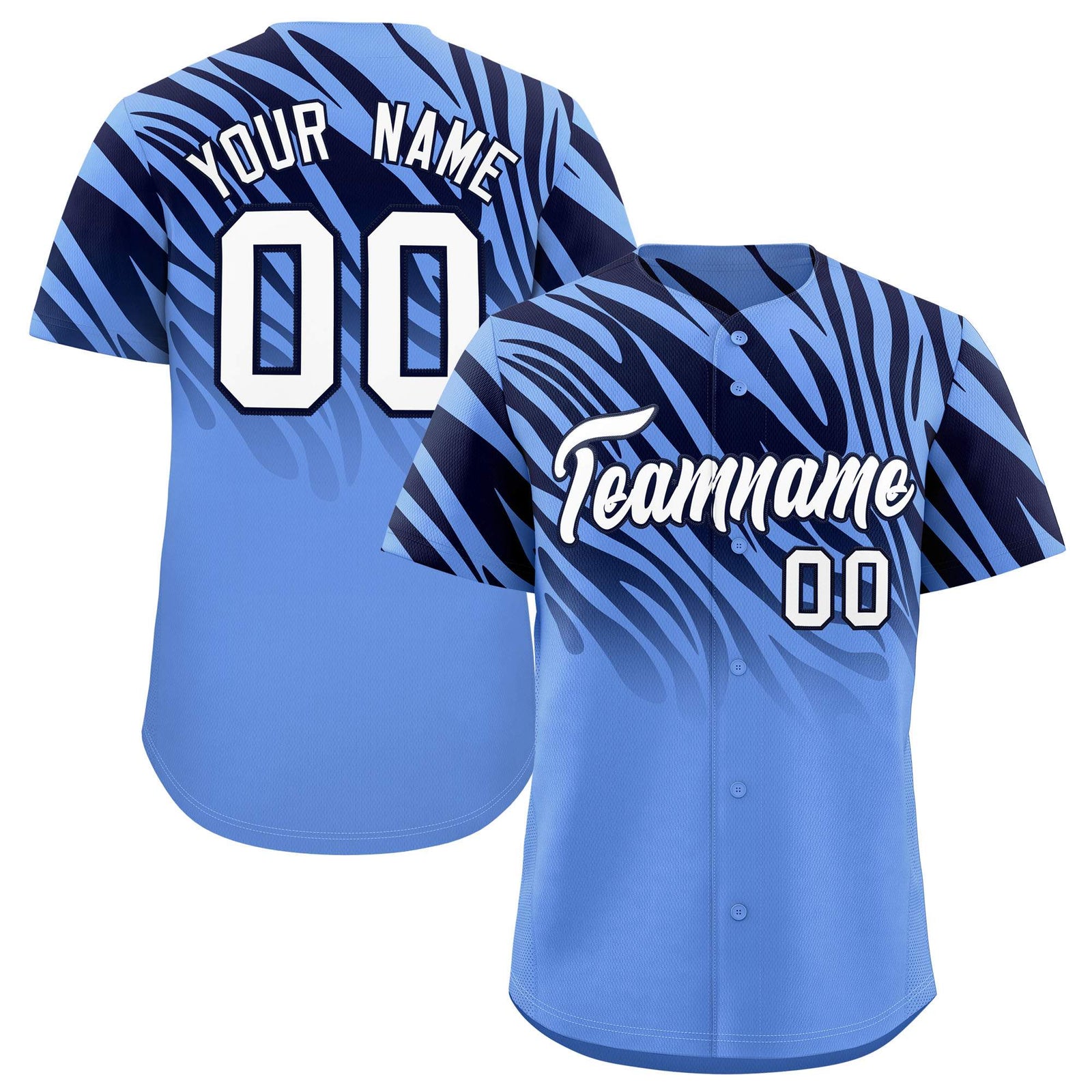 Custom Light Blue Navy Tiger Stripe Gradient Animal Print Personalized Team Shirt Baseball Jersey