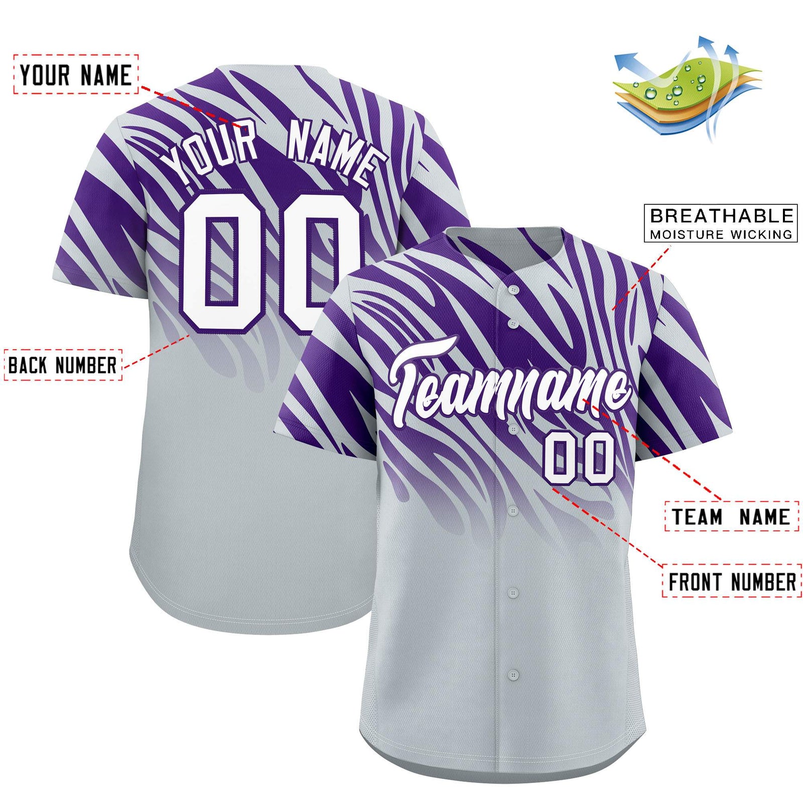Custom Purple Silver Tiger Stripe Gradient Animal Print Personalized Team Shirt Baseball Jersey