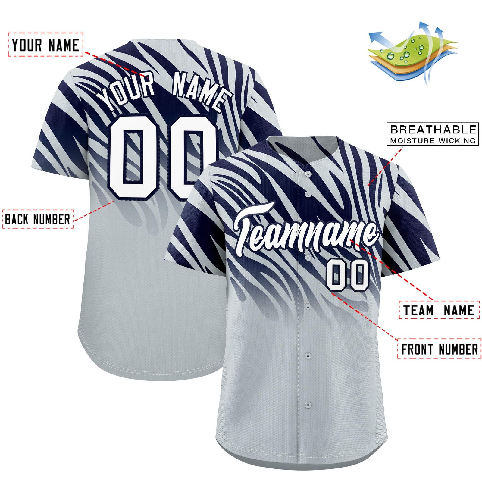 Custom Navy Silver Tiger Stripe Gradient Animal Print Personalized Team Shirt Baseball Jersey