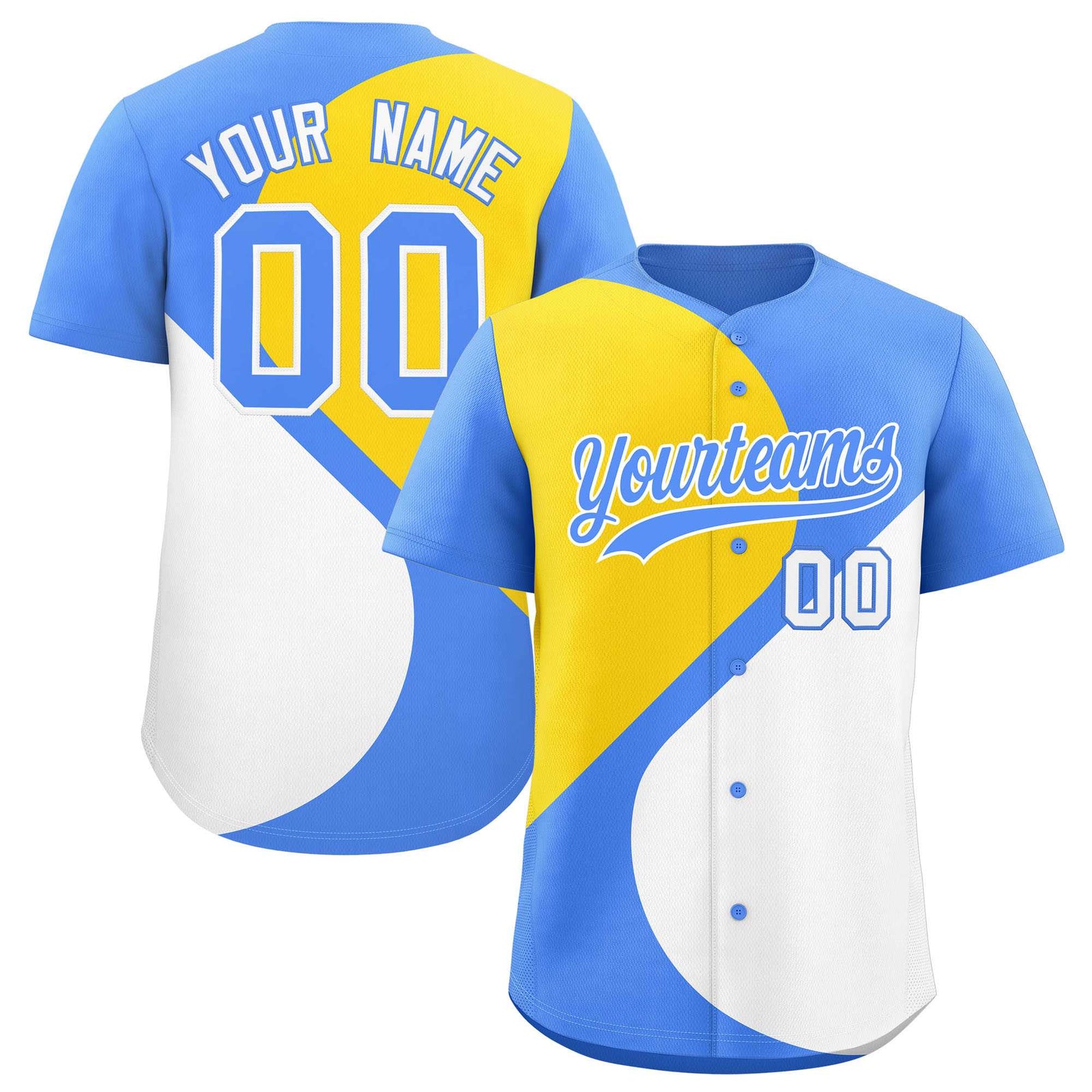 Custom Powder Blue Gold-White Color Block Personalized Half Heart Pattern Authentic Baseball Jersey